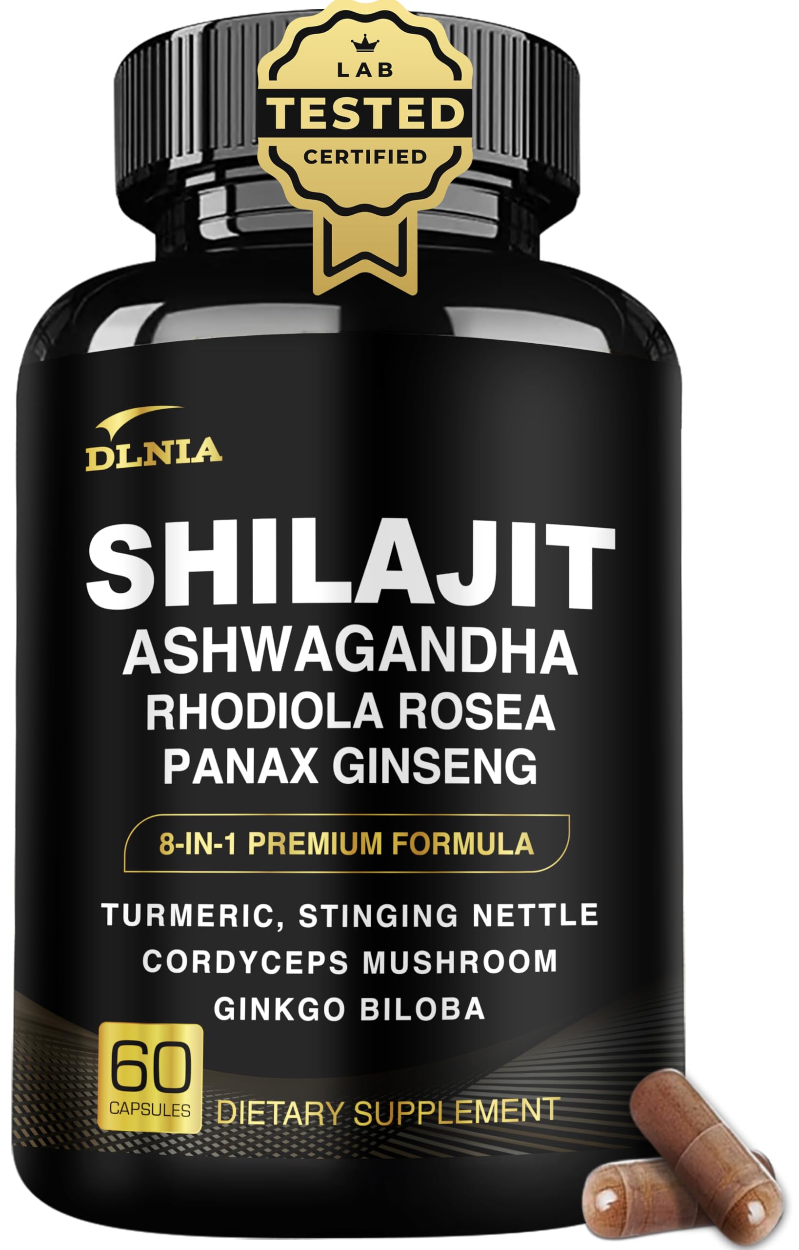 DLNIA 8-in-1 Shilajit Capsules front view with packaging