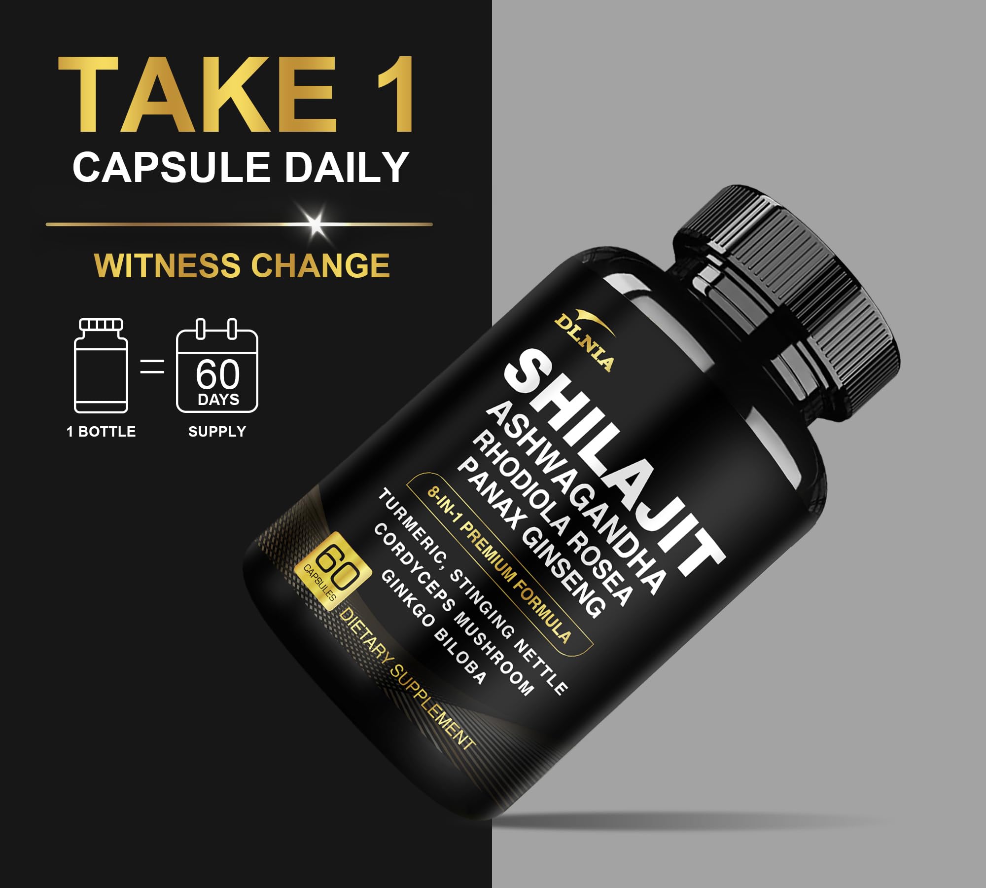 DLNIA 8-in-1 Shilajit Capsules lifestyle scene with natural background