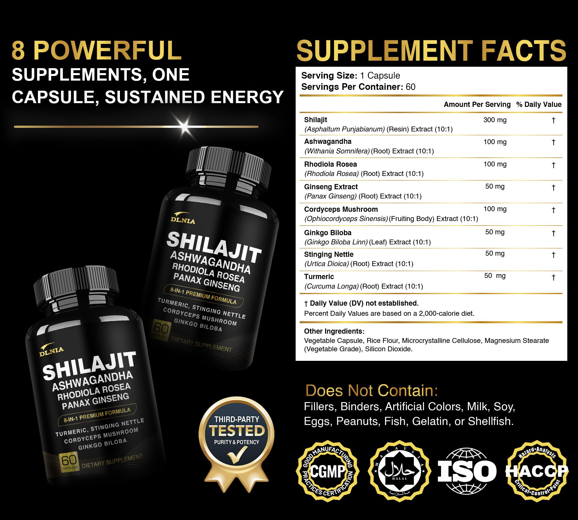 DLNIA 8-in-1 Shilajit Capsules opened bottle with capsules