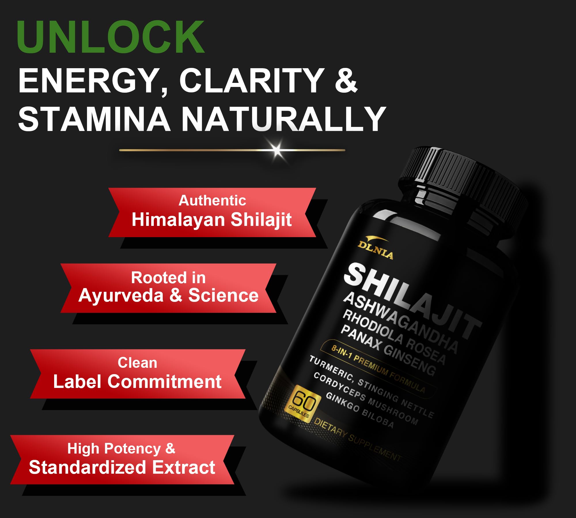DLNIA 8-in-1 Shilajit Capsules with herbal ingredients display