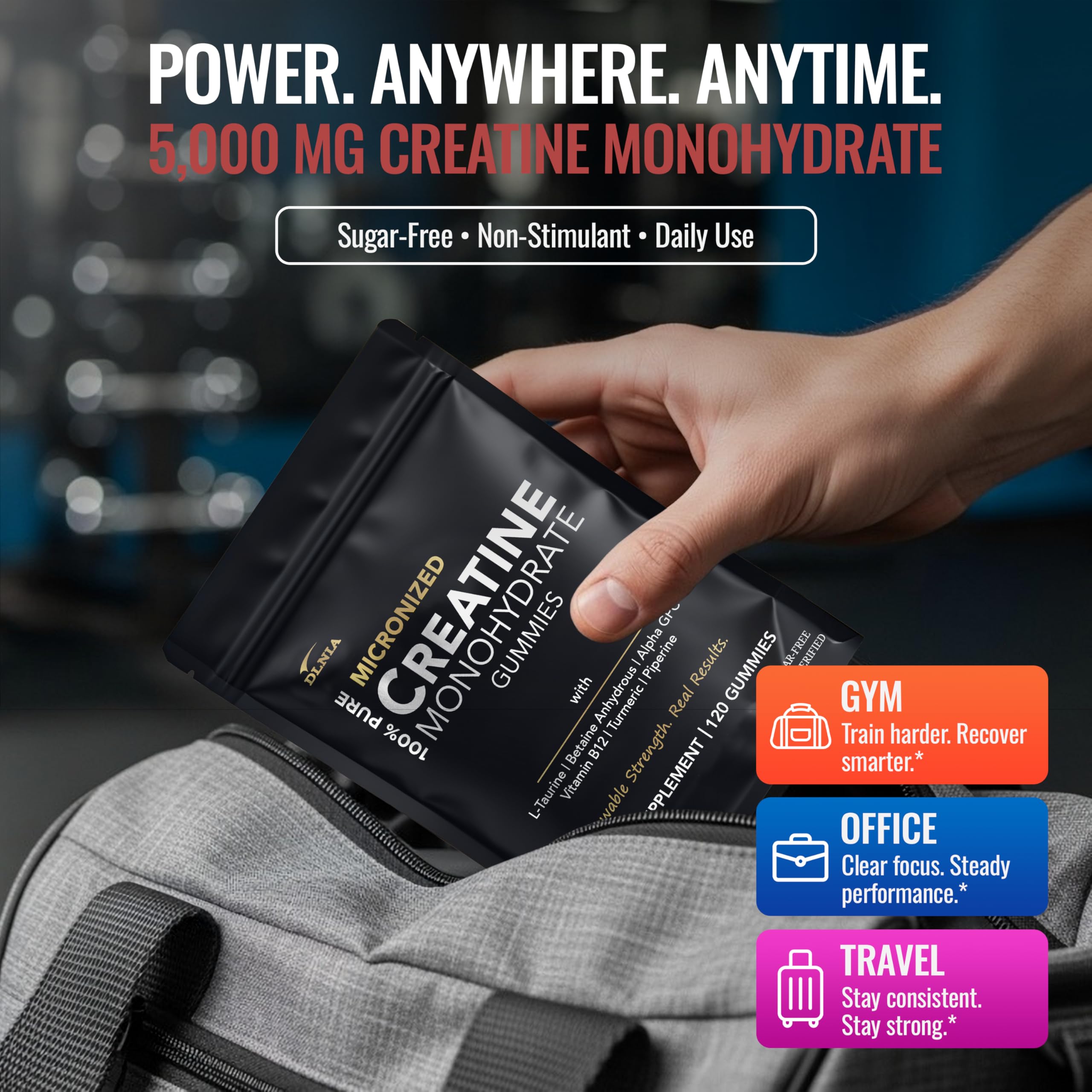DLNIA Creatine Gummies with workout gear