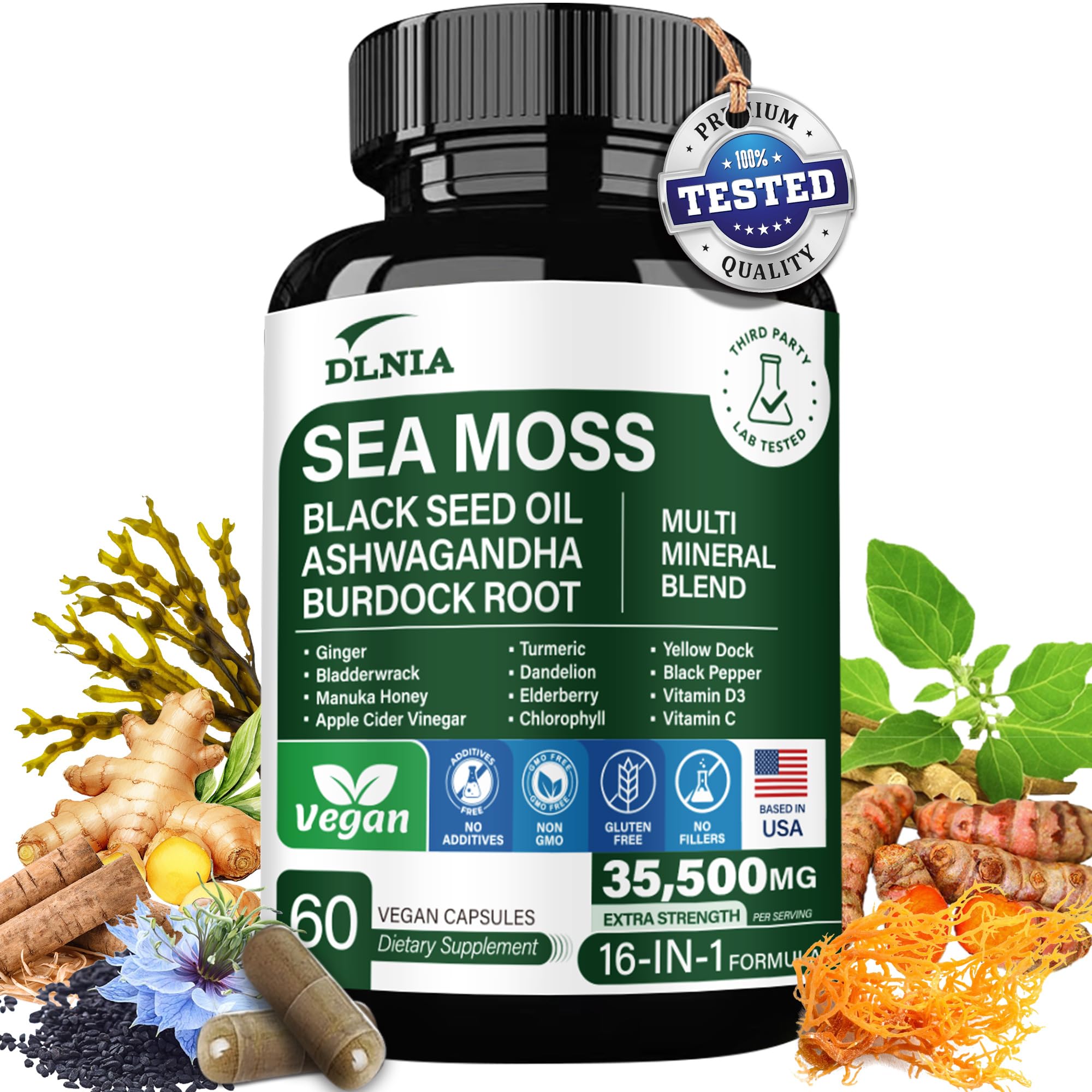 DLNIA Sea Moss All-in-1 Supplement capsules front view