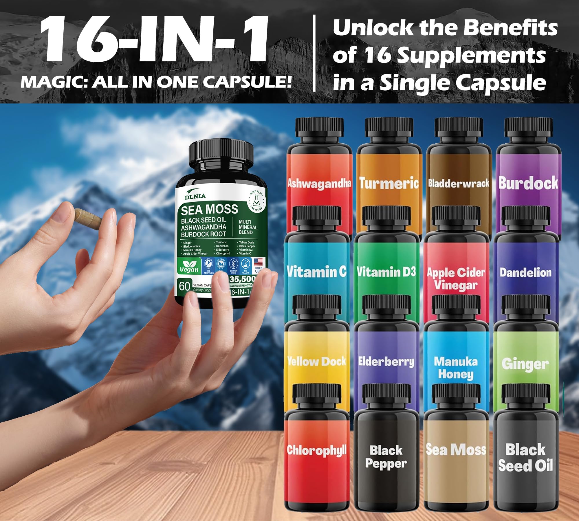 DLNIA Sea Moss All-in-1 Supplement capsules with a glass of water