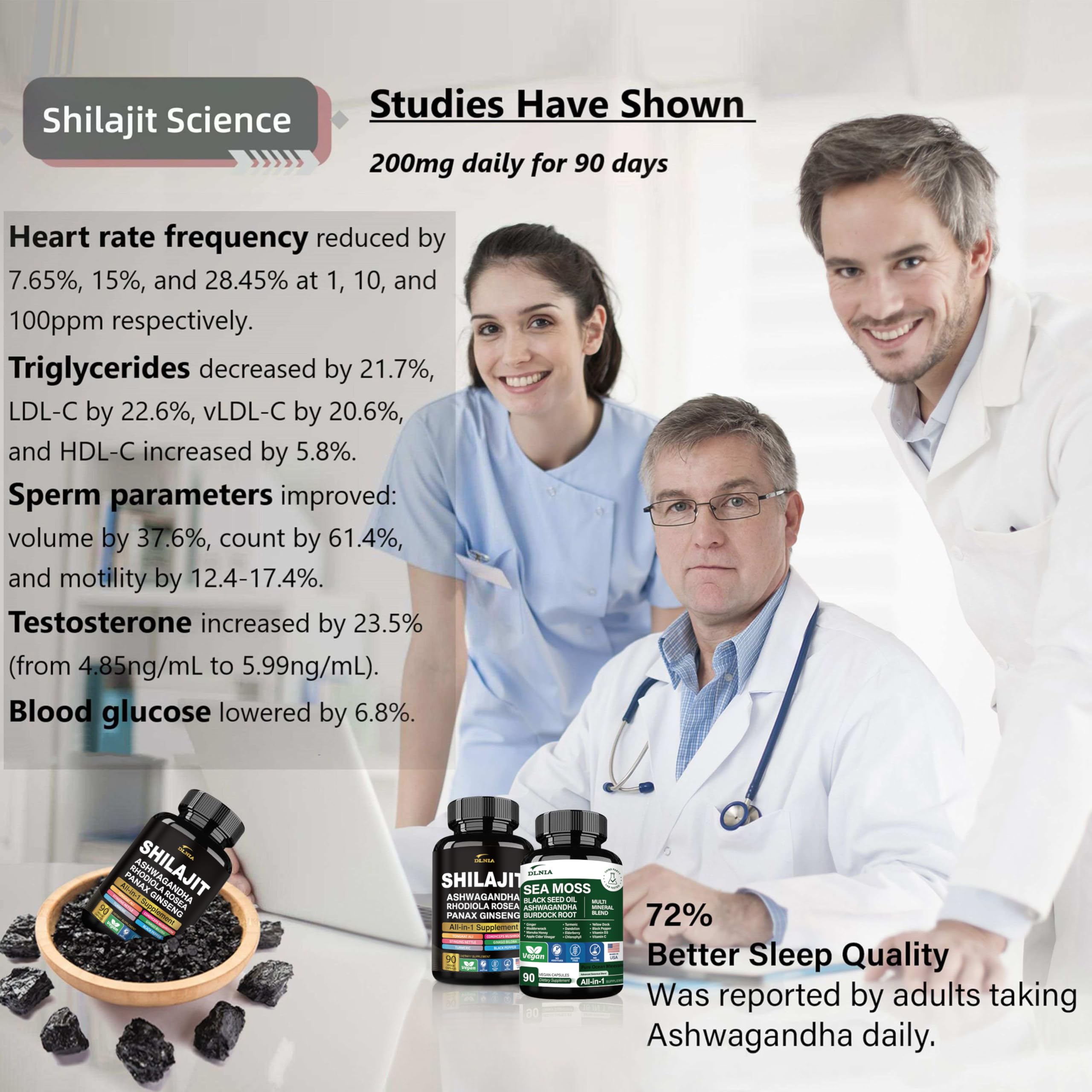 DLNIA Shilajit capsules on a wooden table