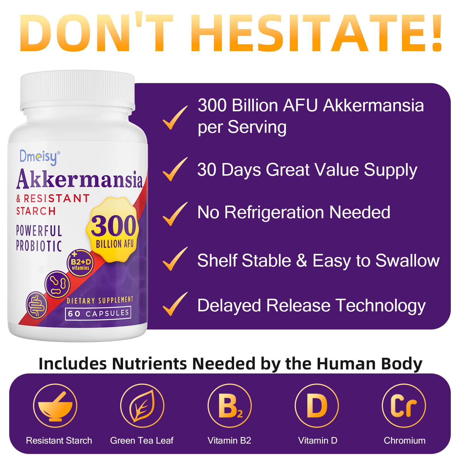 Dmeisy Akkermansia Probiotic Supplement 300 Billion AFU capsules with measuring spoon