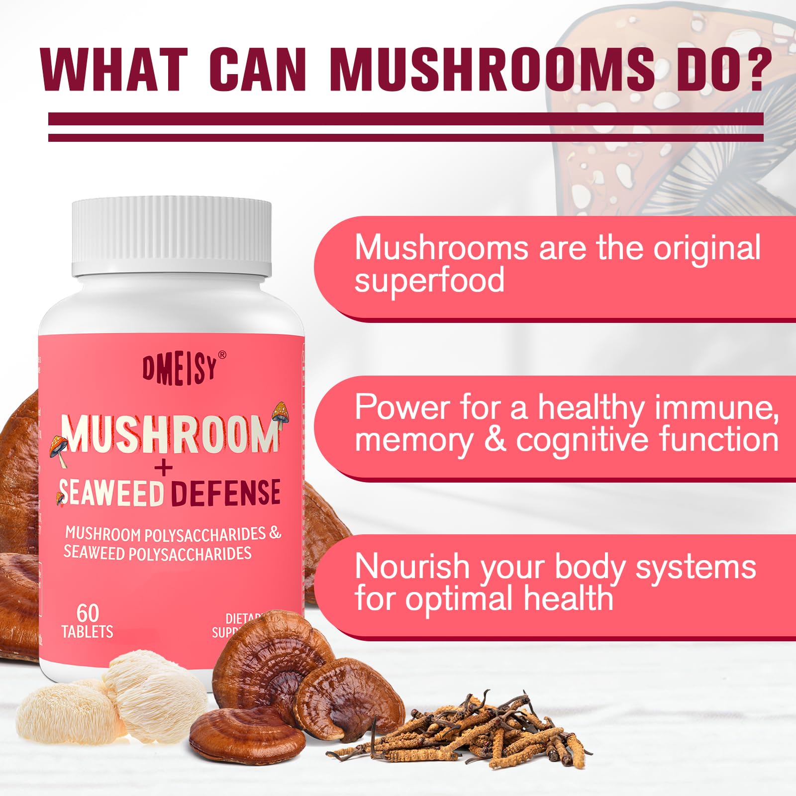 Dmeisy Lions Mane Mushroom Complex 4000mg tablets showing sublingual use