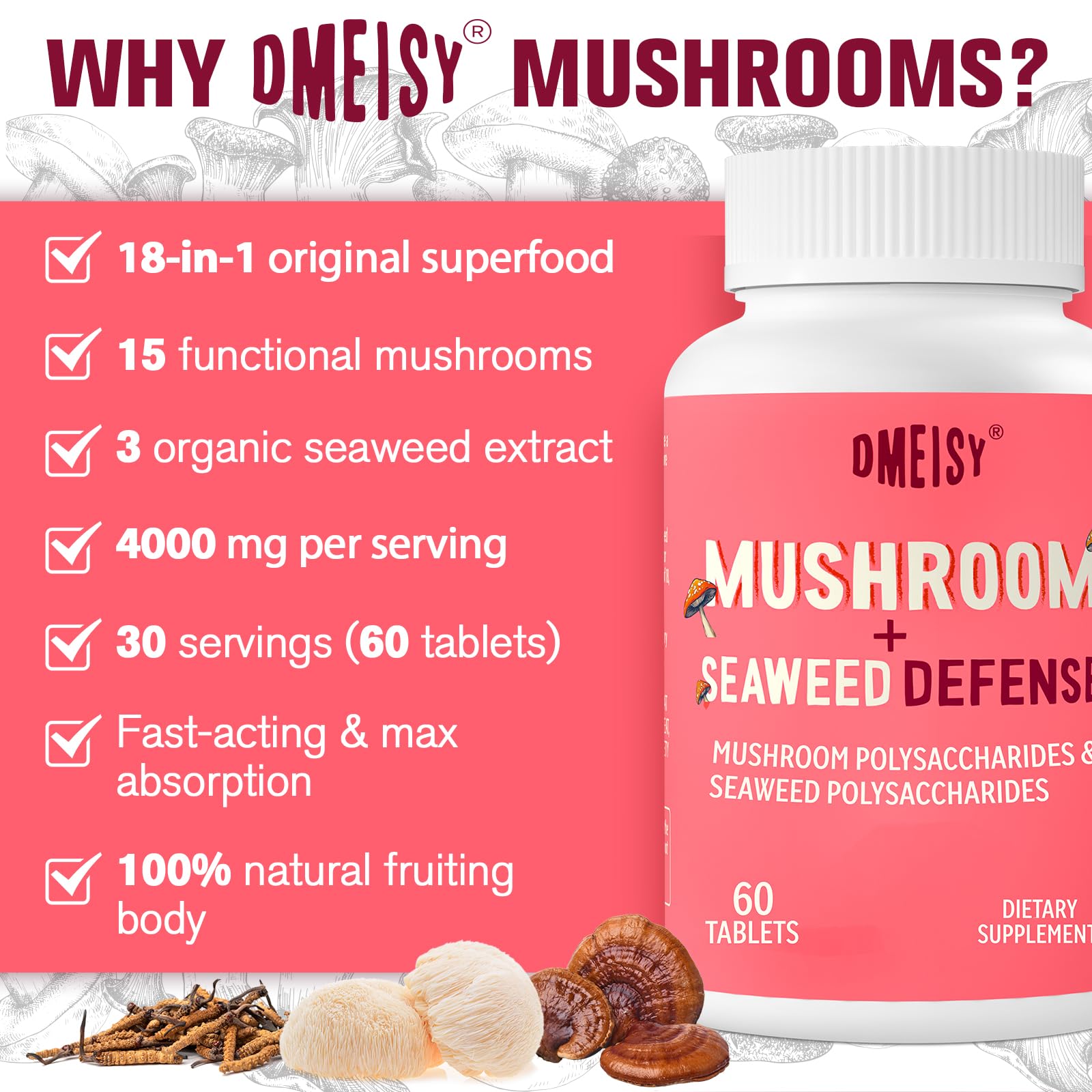 Dmeisy Lions Mane Mushroom Complex 4000mg tablets with seaweed blend