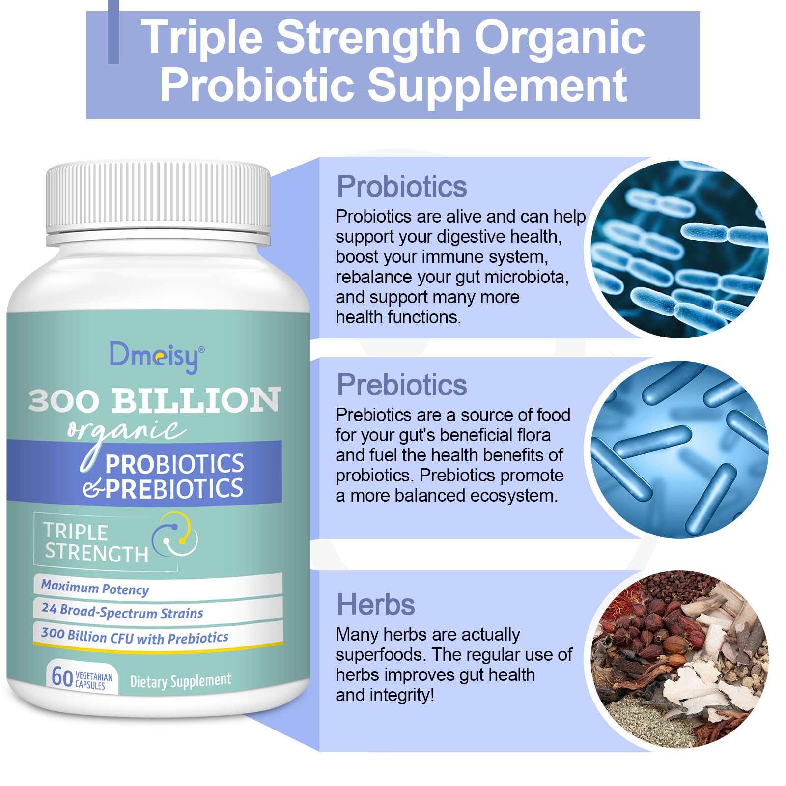 Dmeisy Probiotic Supplement 300 Billion CFU capsule close-up