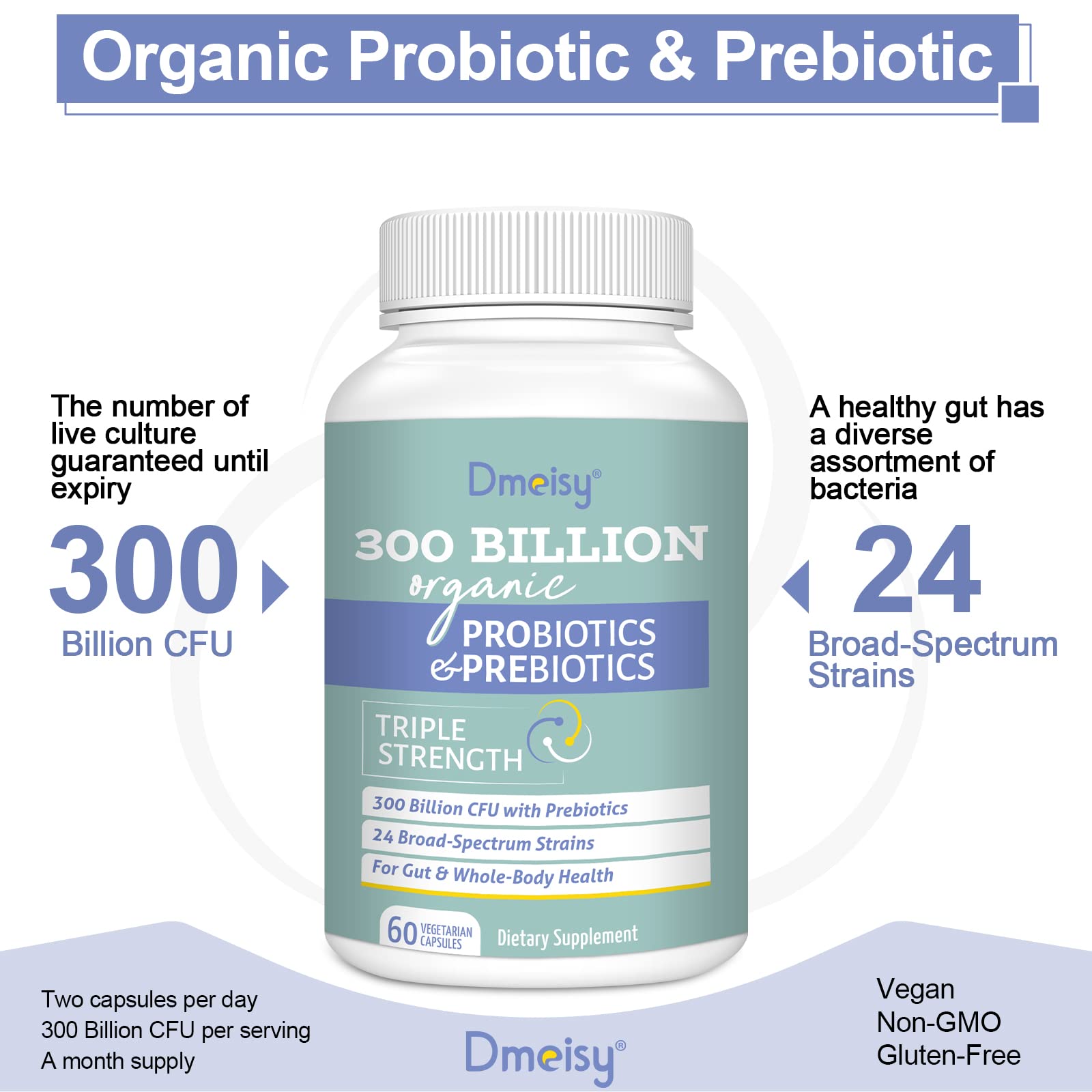 Dmeisy Probiotic Supplement 300 Billion CFU with organic herbs