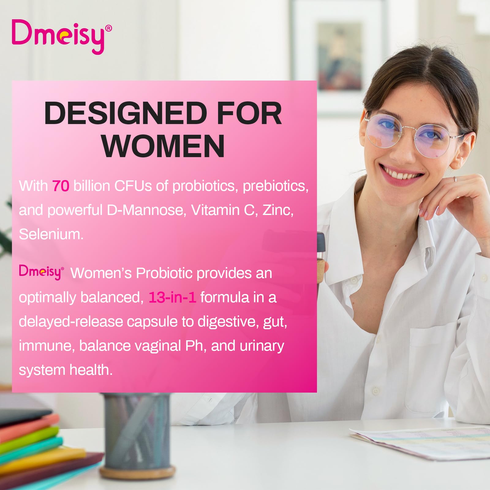 Dmeisy Women's Probiotics 70 Billion CFUs bottle with capsules