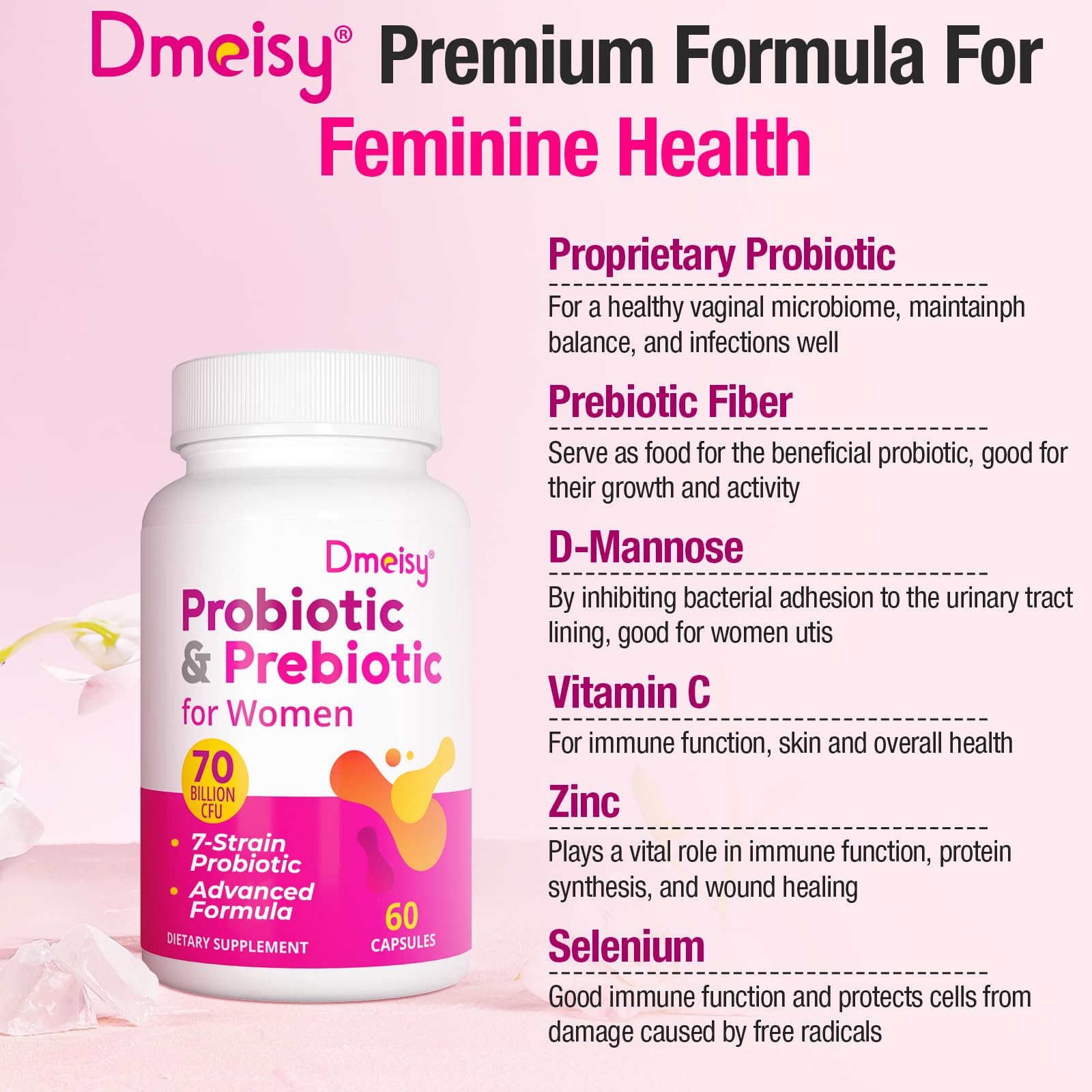 Dmeisy Women's Probiotics 70 Billion CFUs on a table