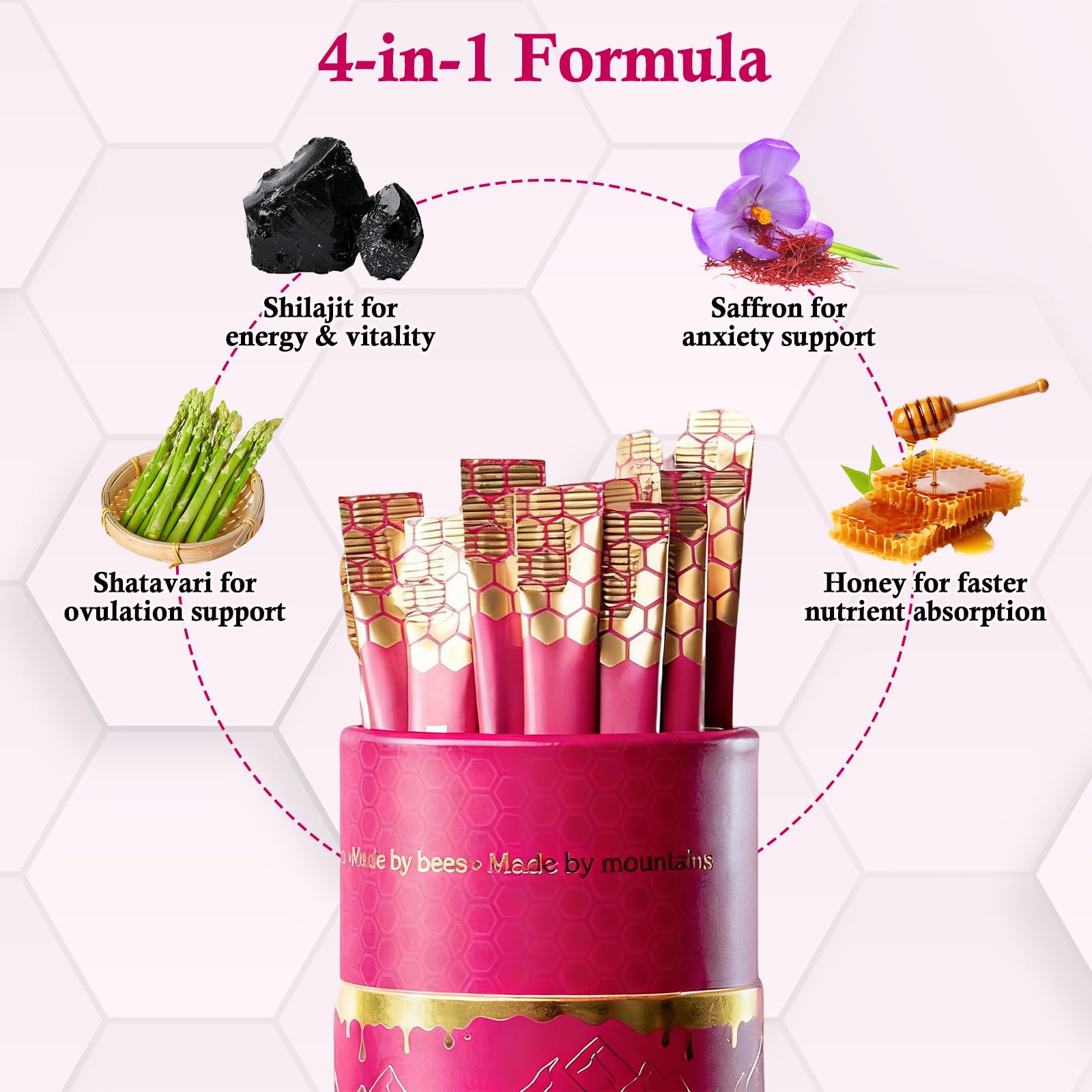 Dmtdnid Shilajit Honey Sticks displayed on a wooden table