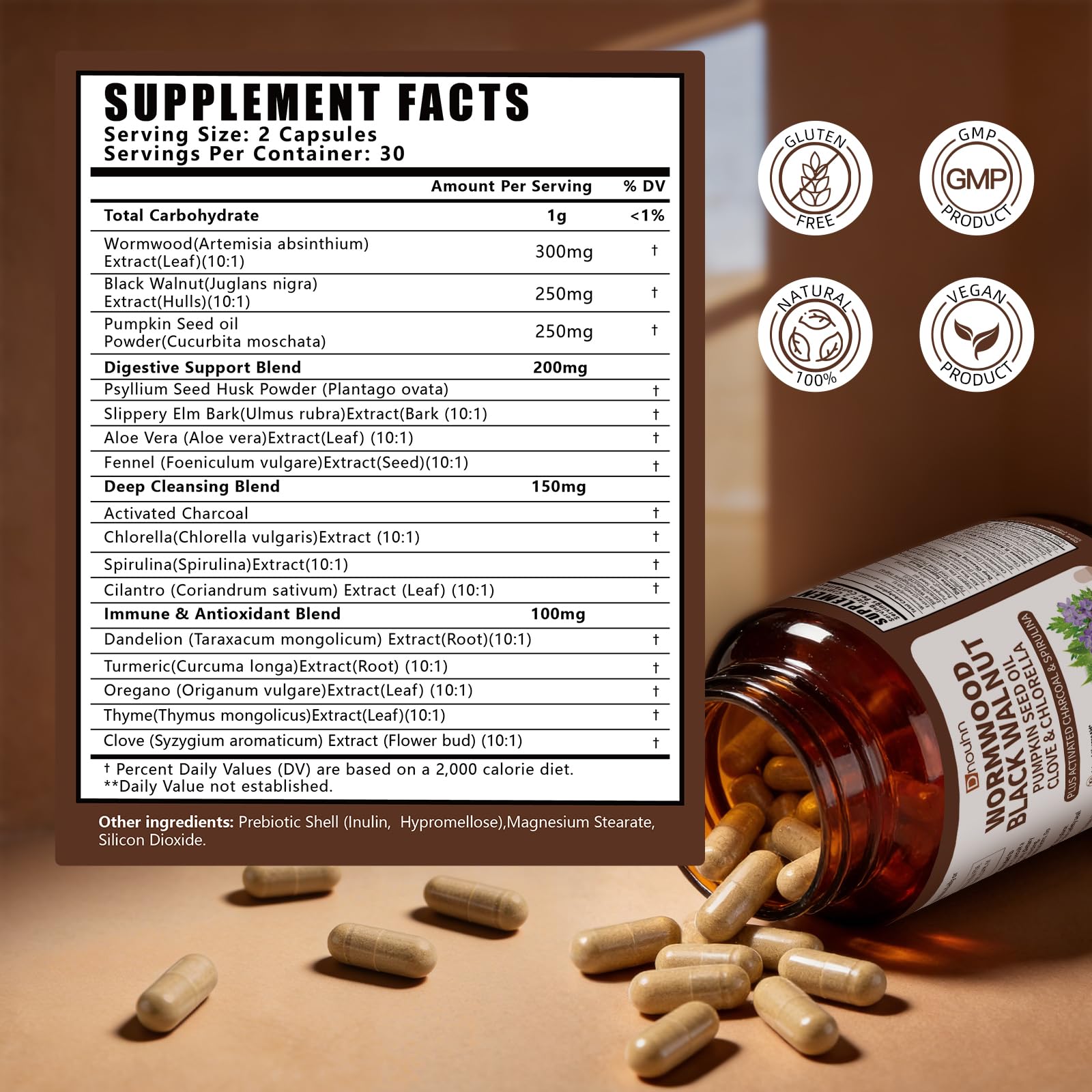 DNOUHN capsule bottle with 60 capsules on a wooden table