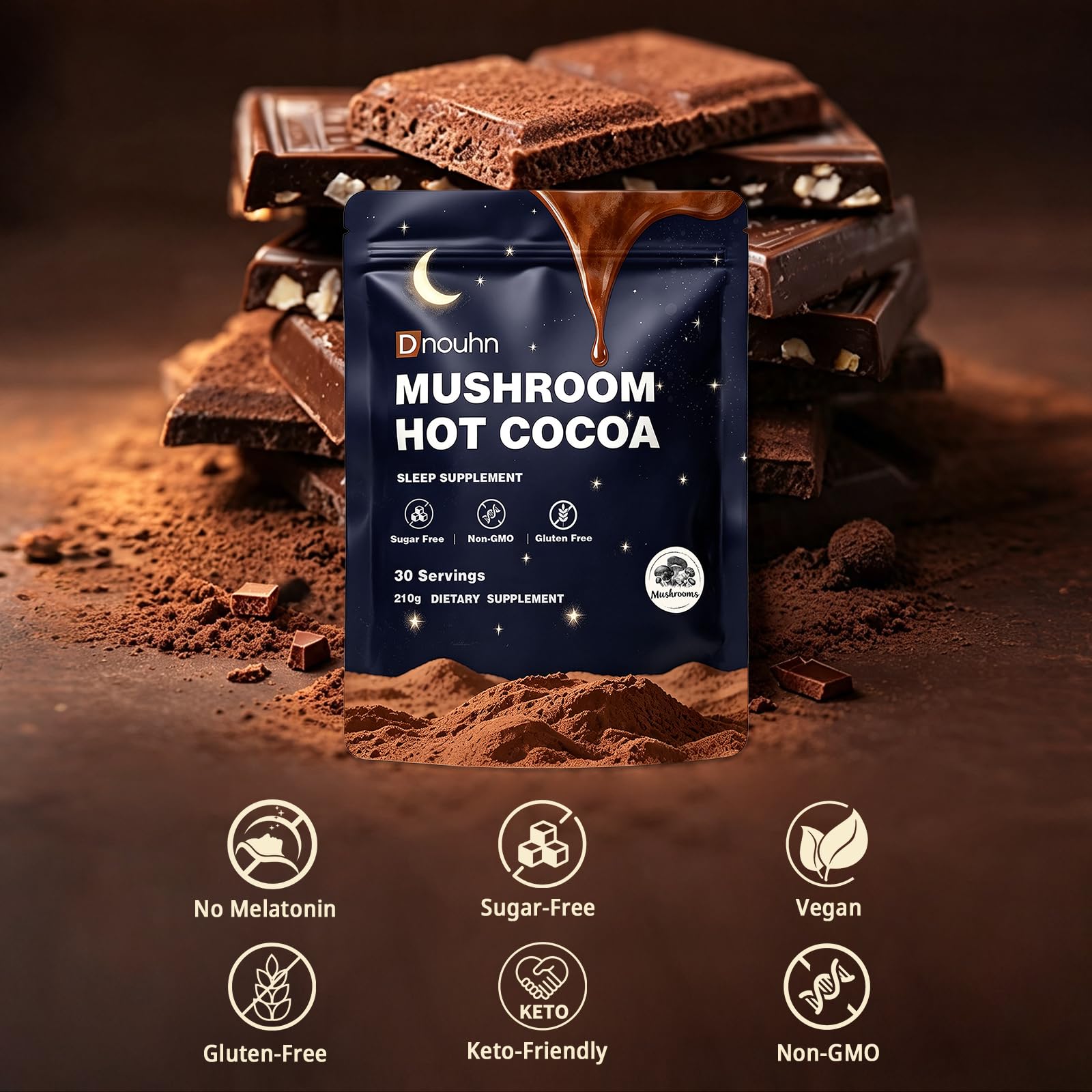 DNOUHN Magnesium Hot Cocoa pouch back view with nutritional information
