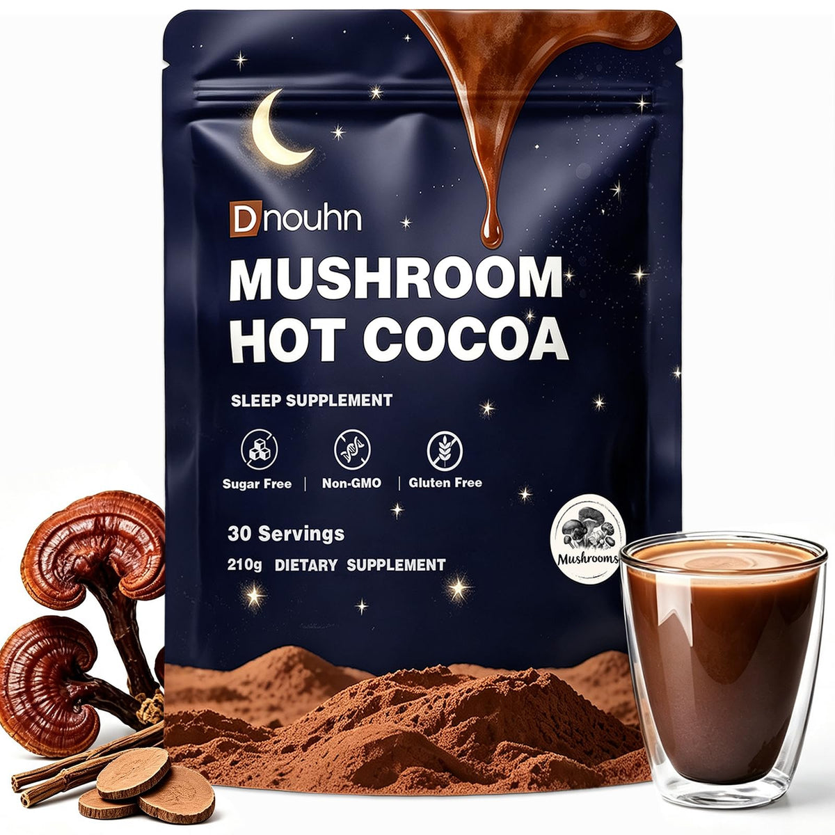 DNOUHN Magnesium Hot Cocoa pouch front view with 30 servings