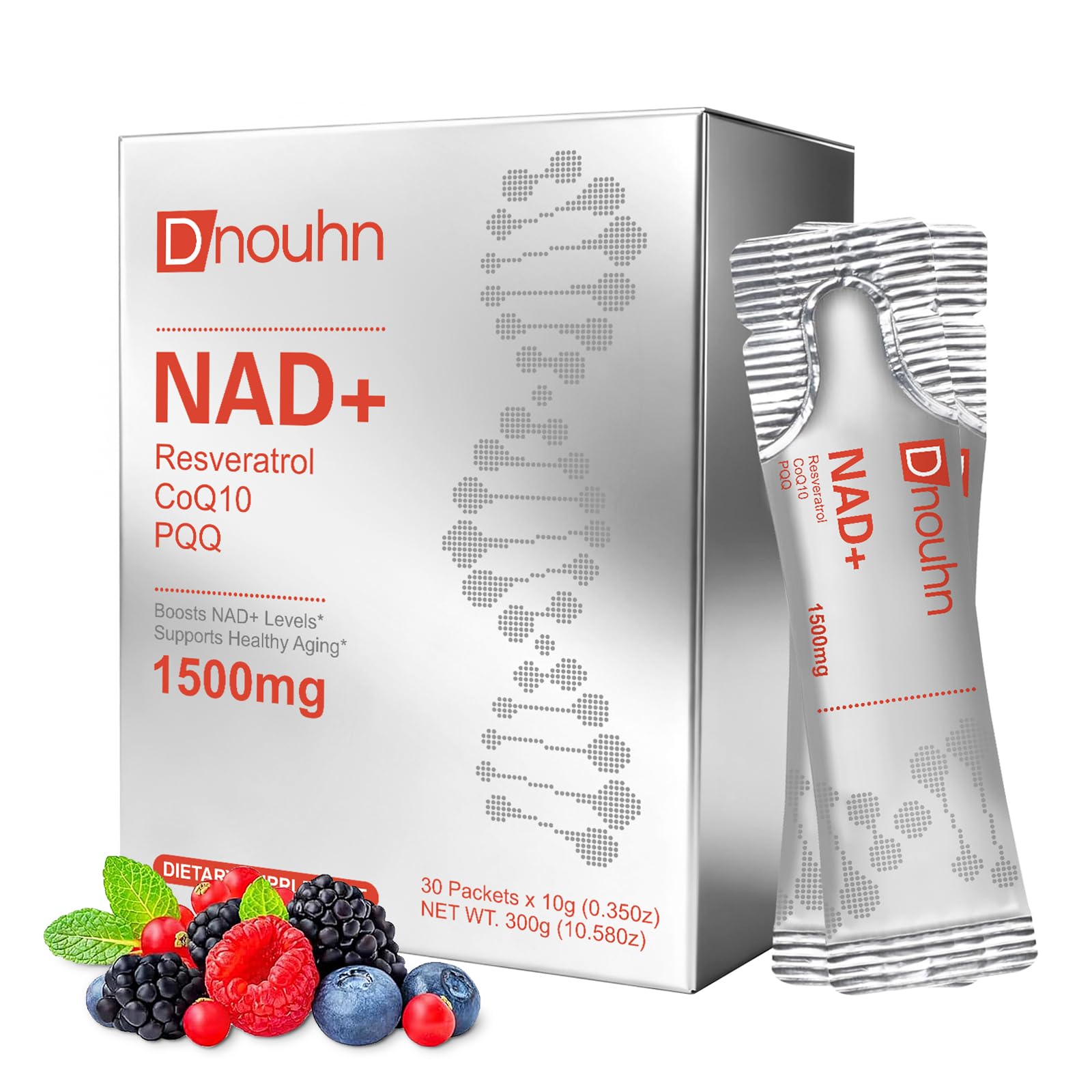 DNOUHN NAD+ Liquid Supplement 1500mg front view with box