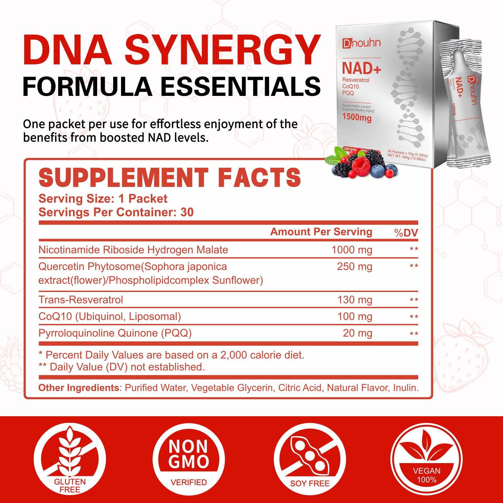 DNOUHN NAD+ Liquid Supplement sachet open showing liquid
