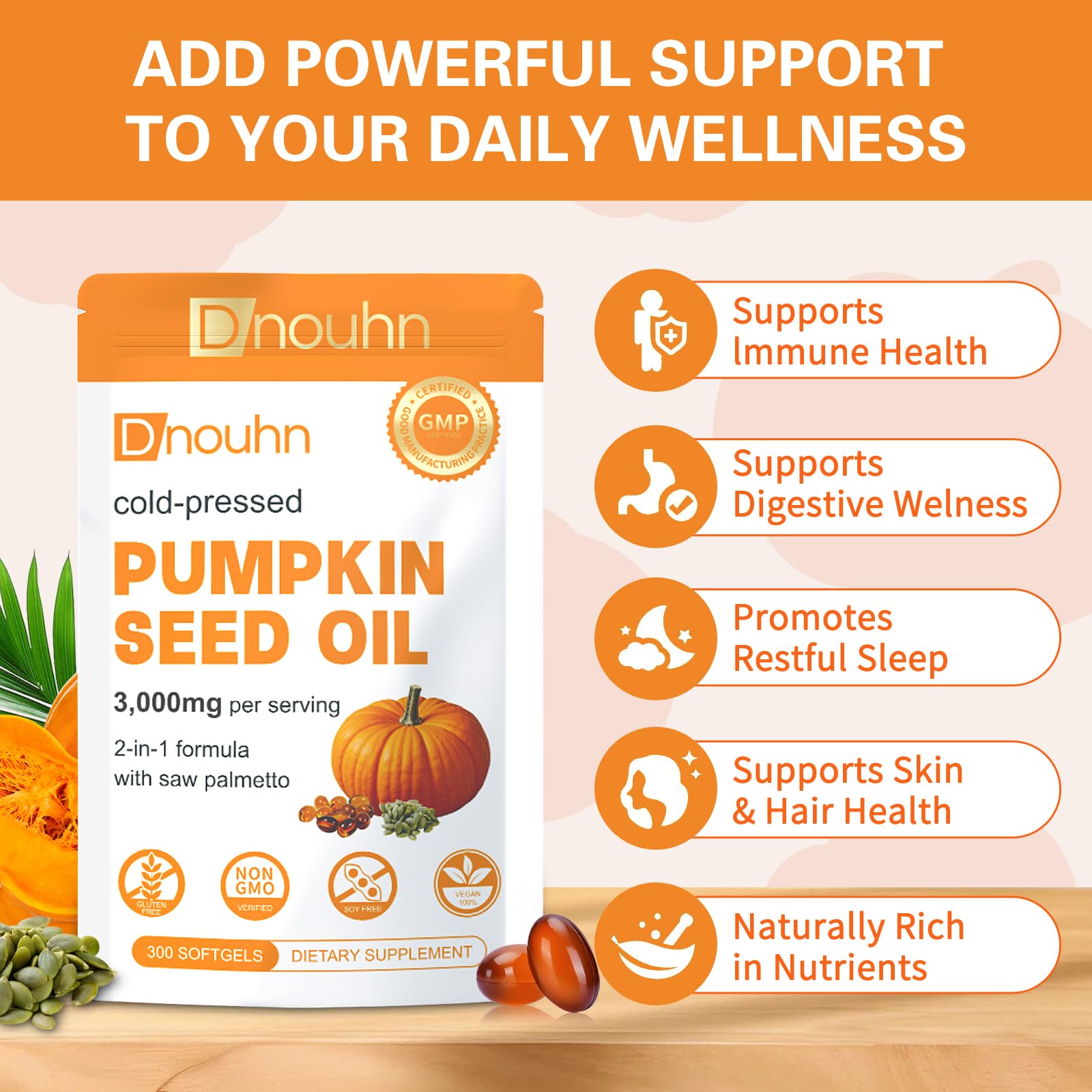 DNOUHN Pumpkin Seed Oil & Saw Palmetto Softgels back view with nutrition facts