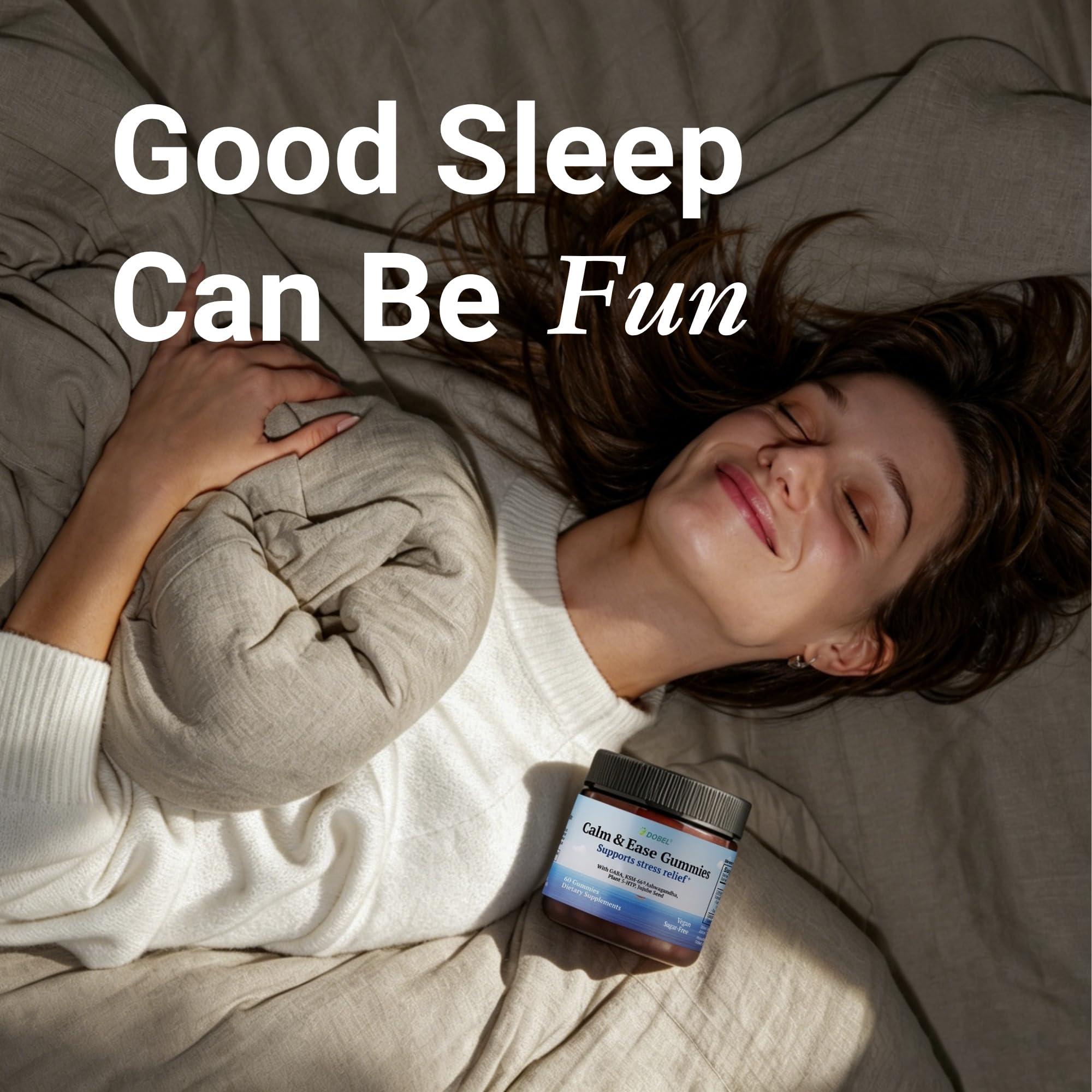 Dobel USA Calm & Sleep Gummies on a wooden table with a calming setting