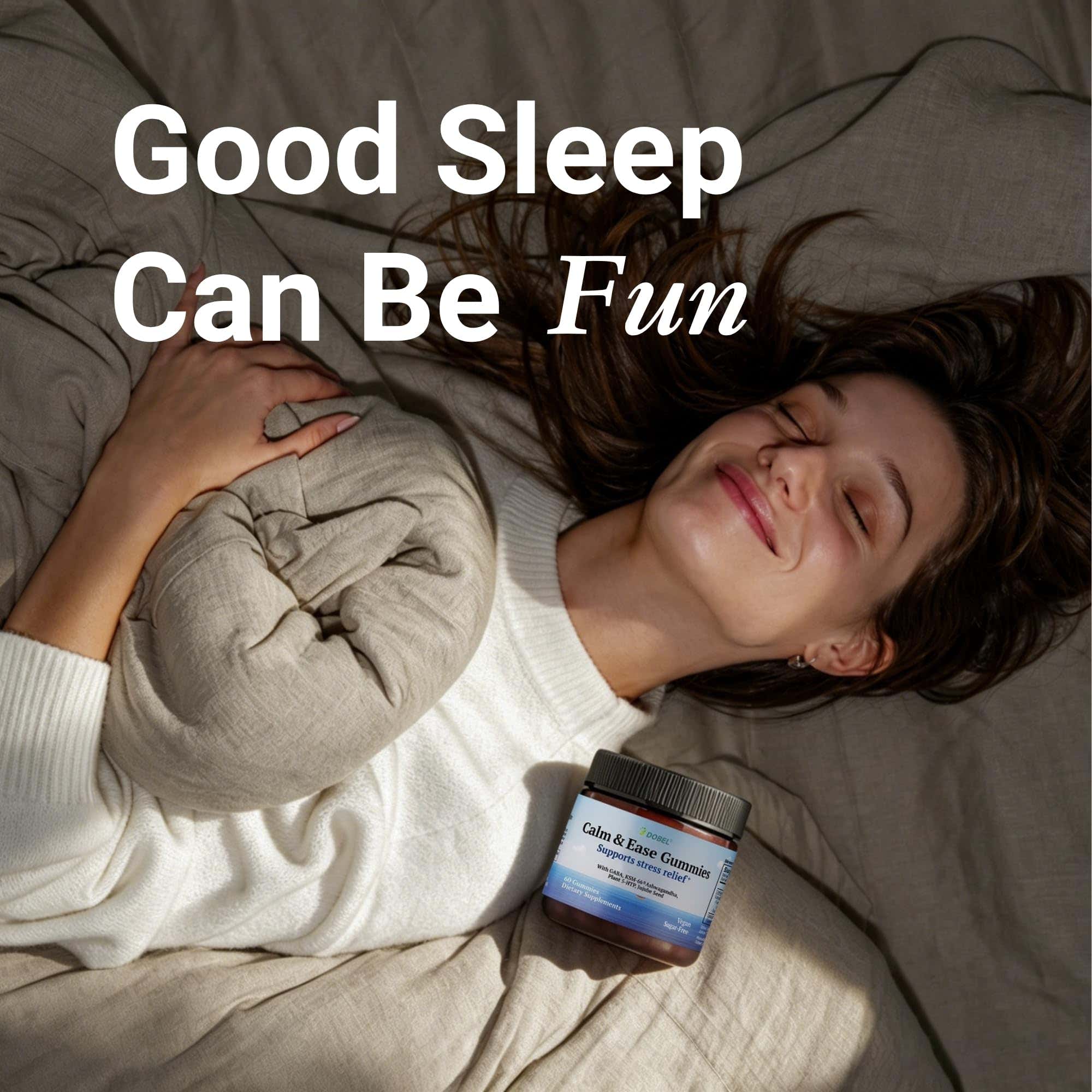 Dobel USA Calm & Sleep Gummies on a wooden table with a calming setting