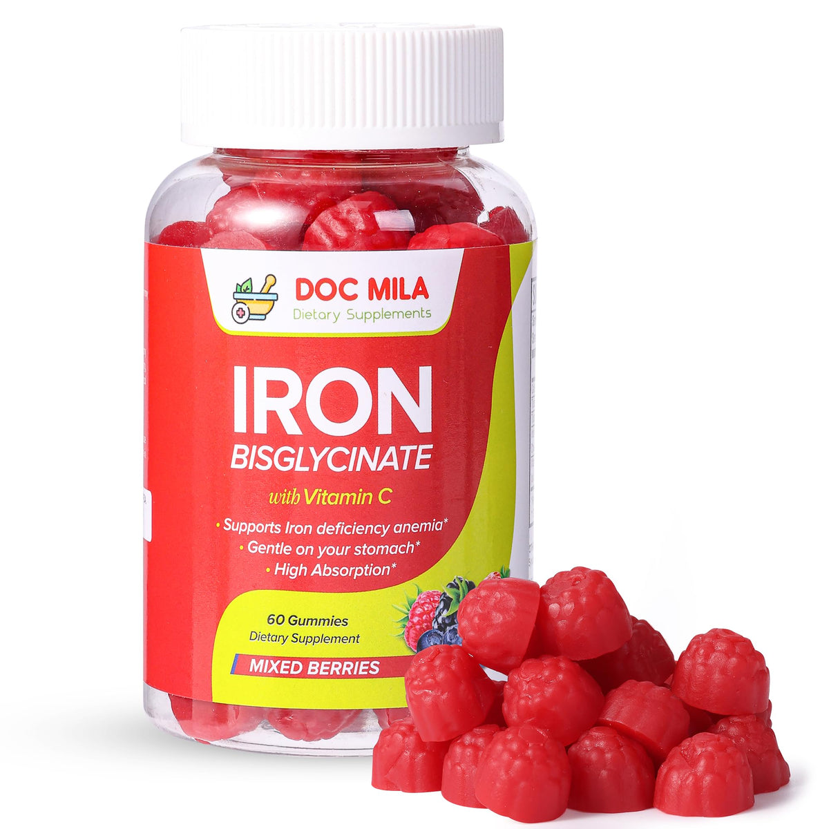 Doc Mila Iron Bisglycinate Gummies front view with packaging