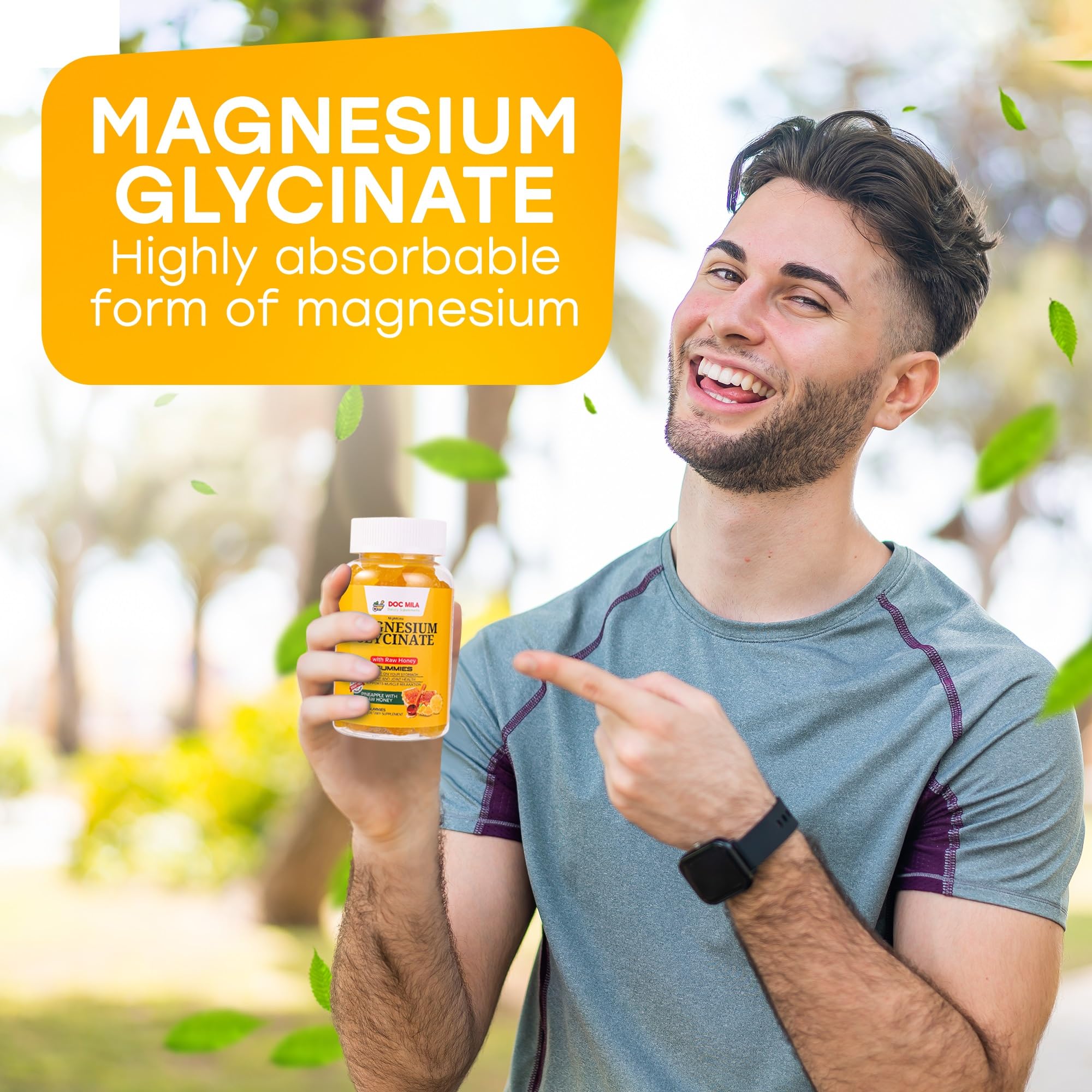 Doc Mila Magnesium Glycinate 209g capsules on a wooden surface