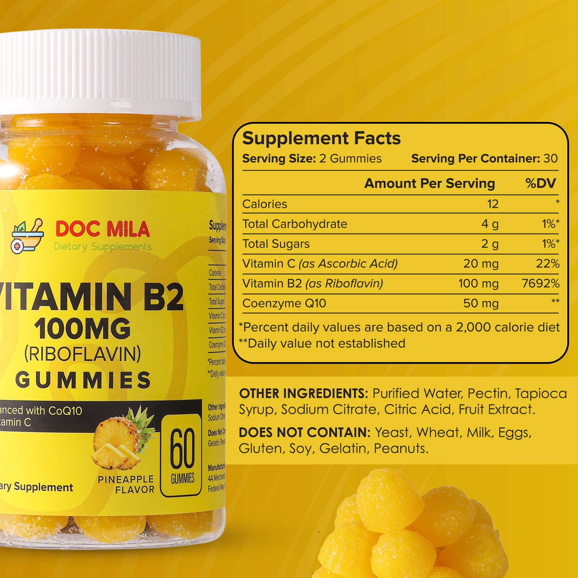 Doc Mila Vitamin B2 Gummies back view showing nutritional information