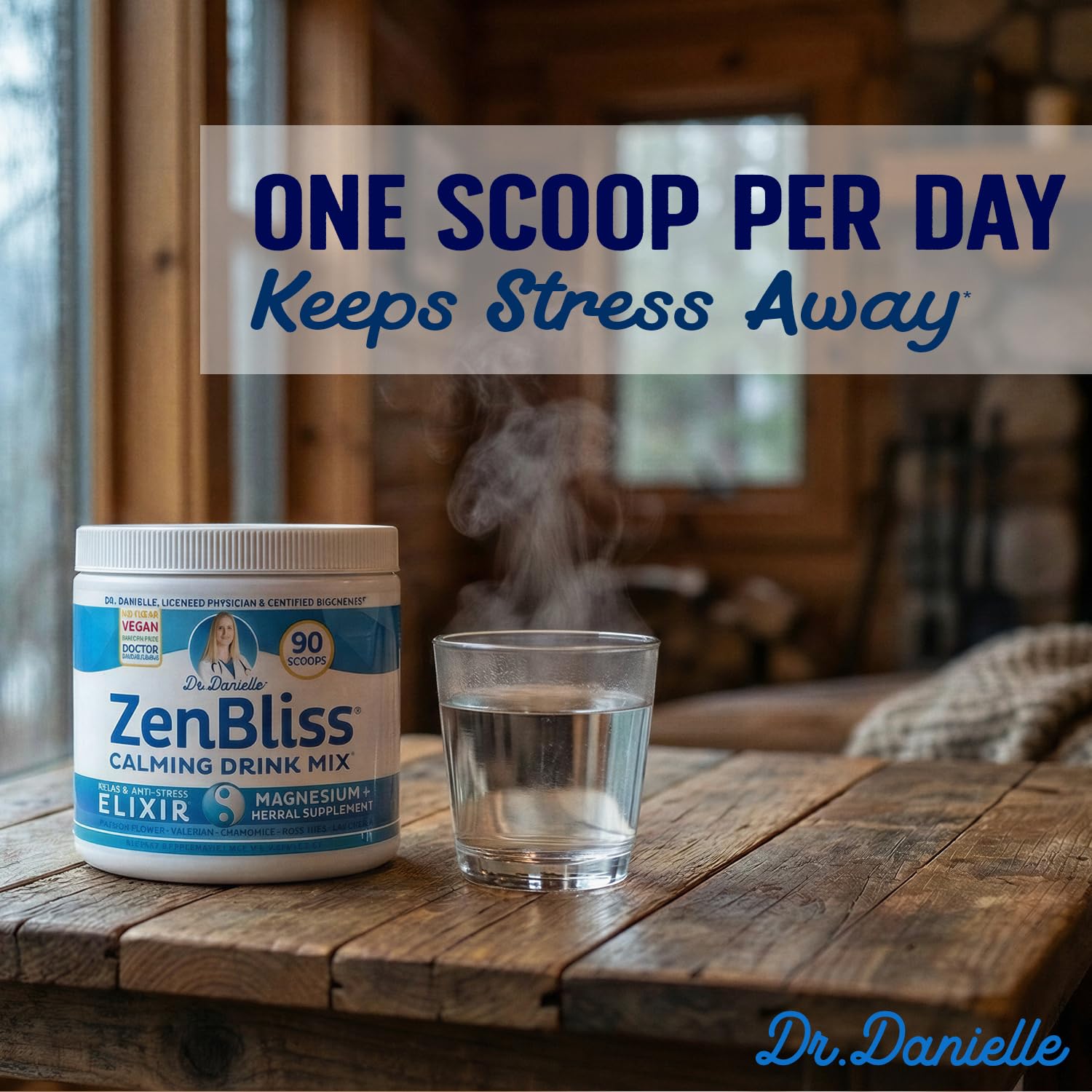 Doctor Danielle Zenbliss Magnesium daily wellness Drink Mix with a measuring spoon