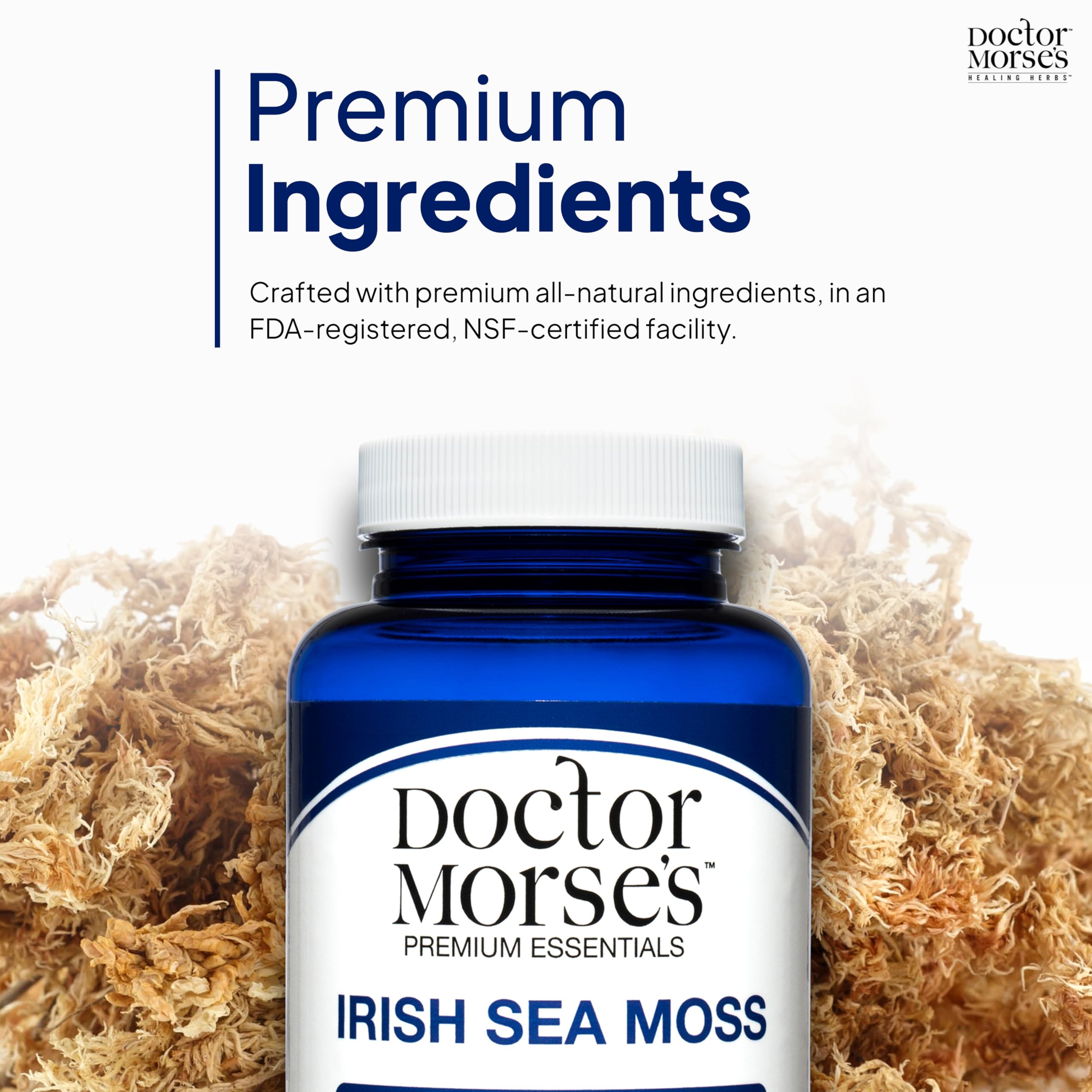 Doctor Morse's Sea Moss Blend 1500mg capsules on a wooden table