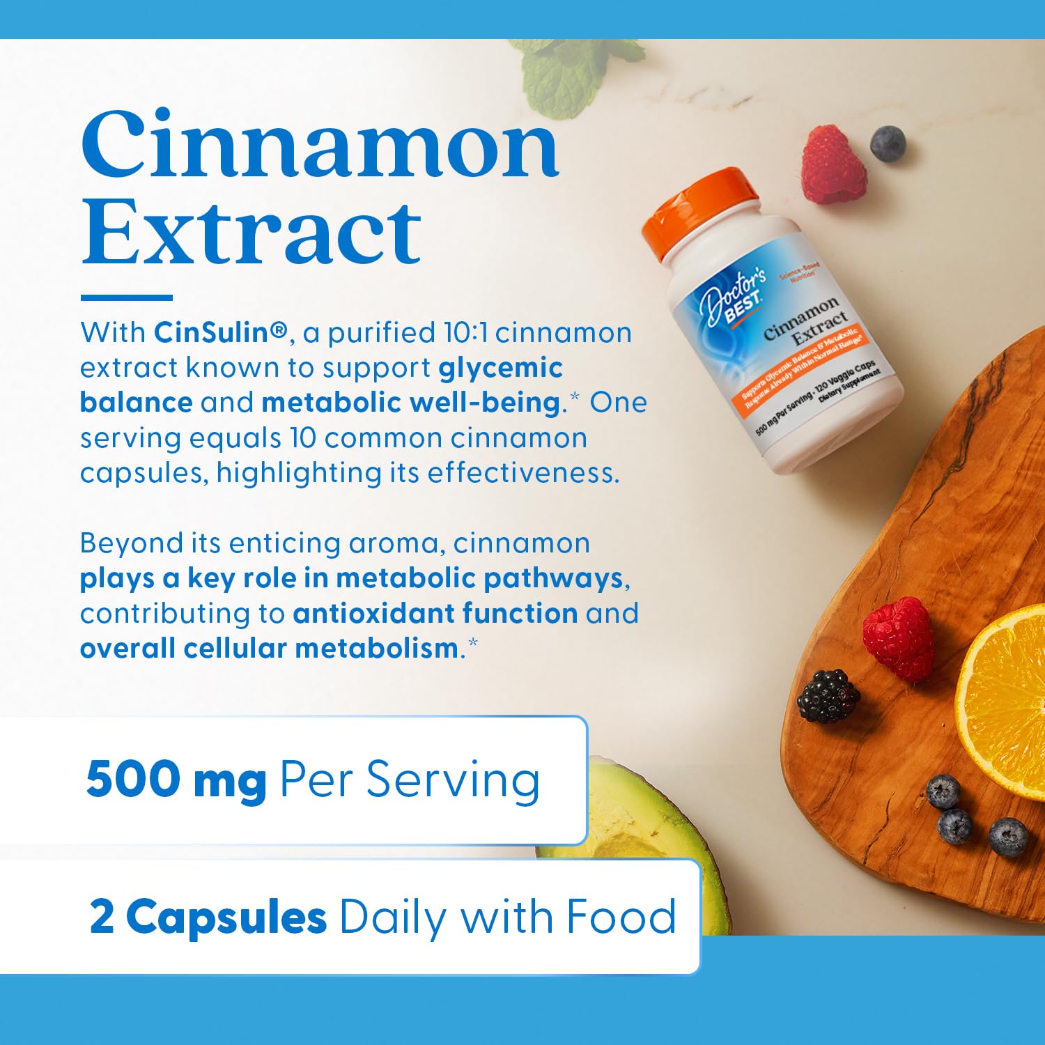 Doctor's BEST Cinnamon Extract Supplement 500mg side view with capsules