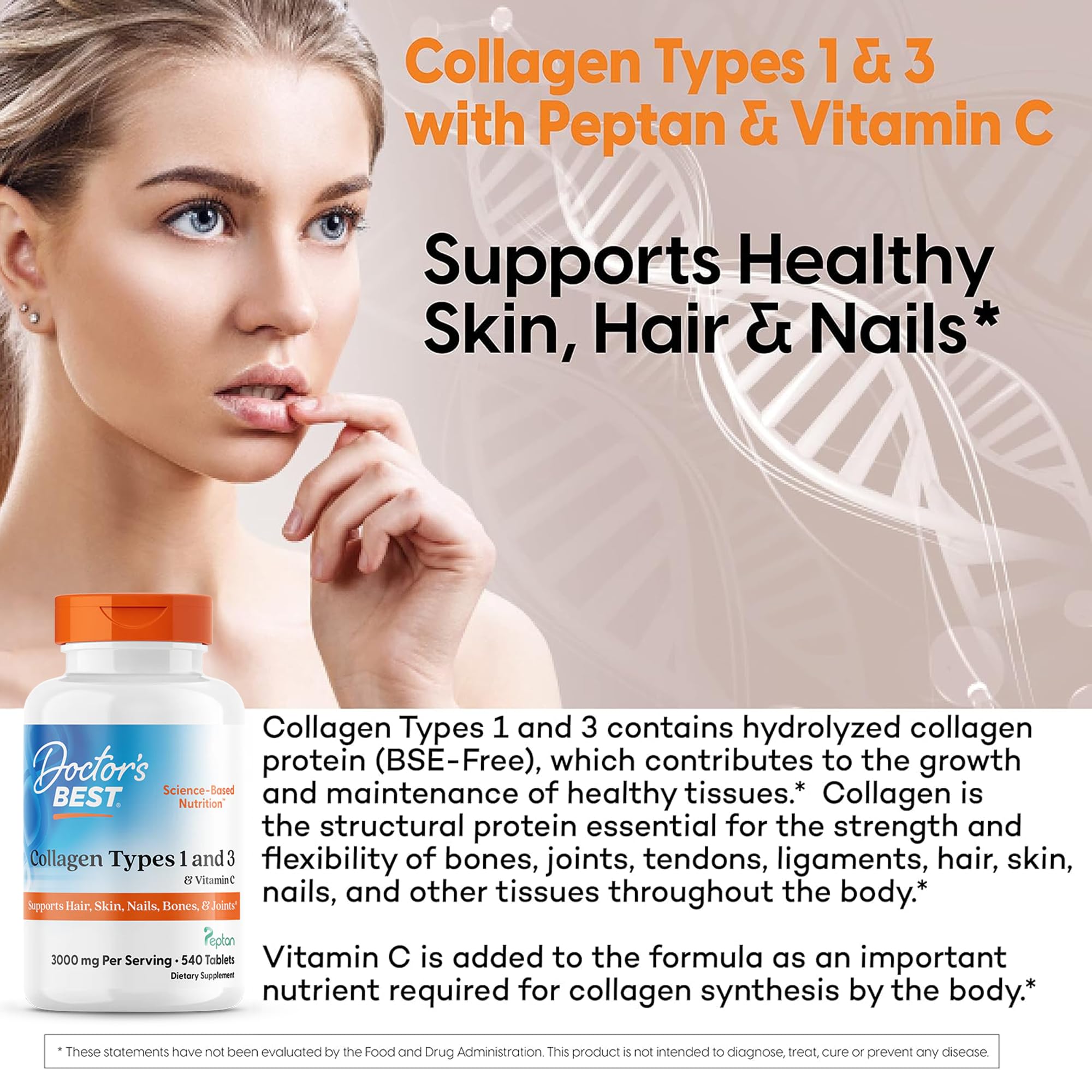 Doctor's BEST Collagen Supplement 3000mg tablets on a wooden surface