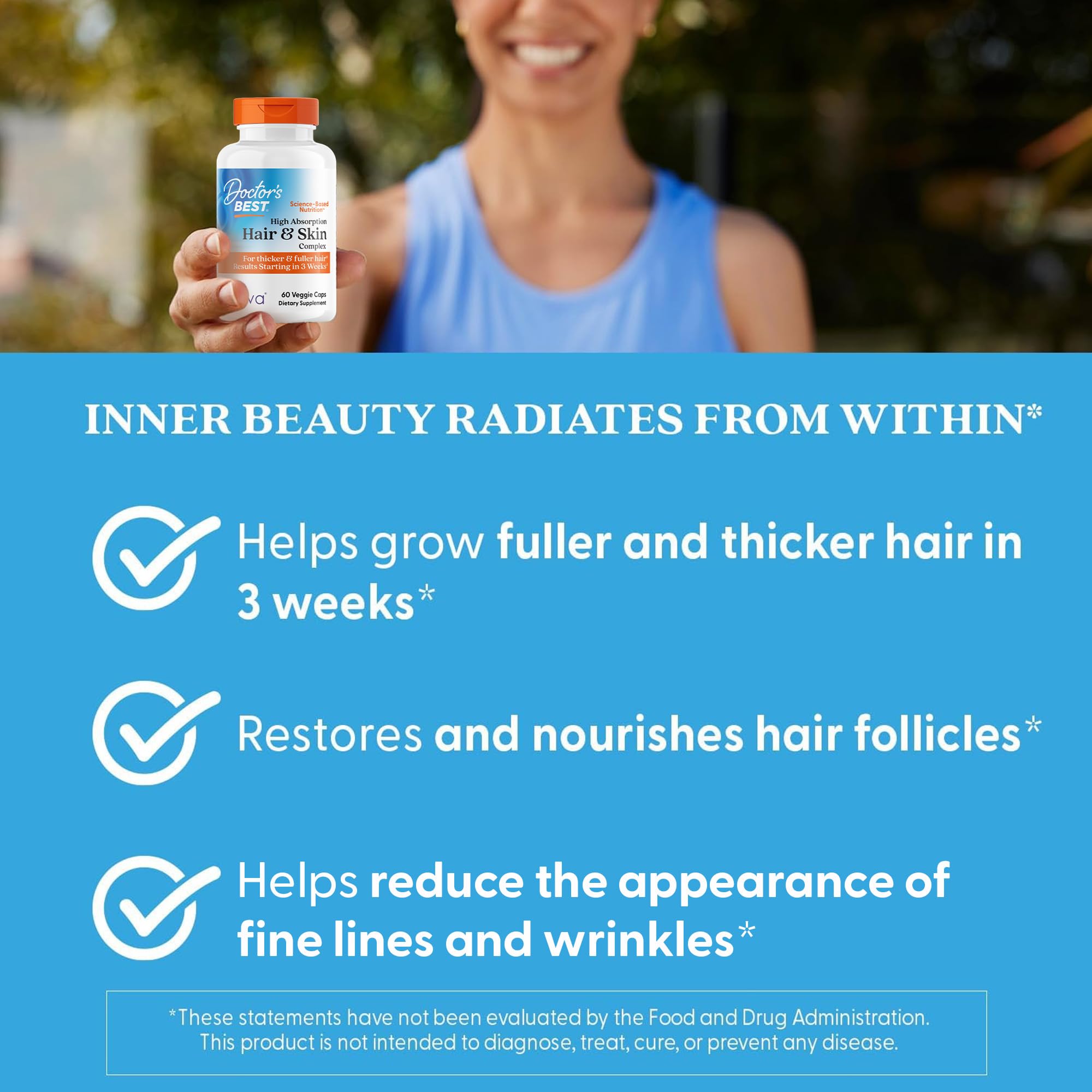 Doctor's BEST Hair & Skin Complex bottle with a measuring spoon