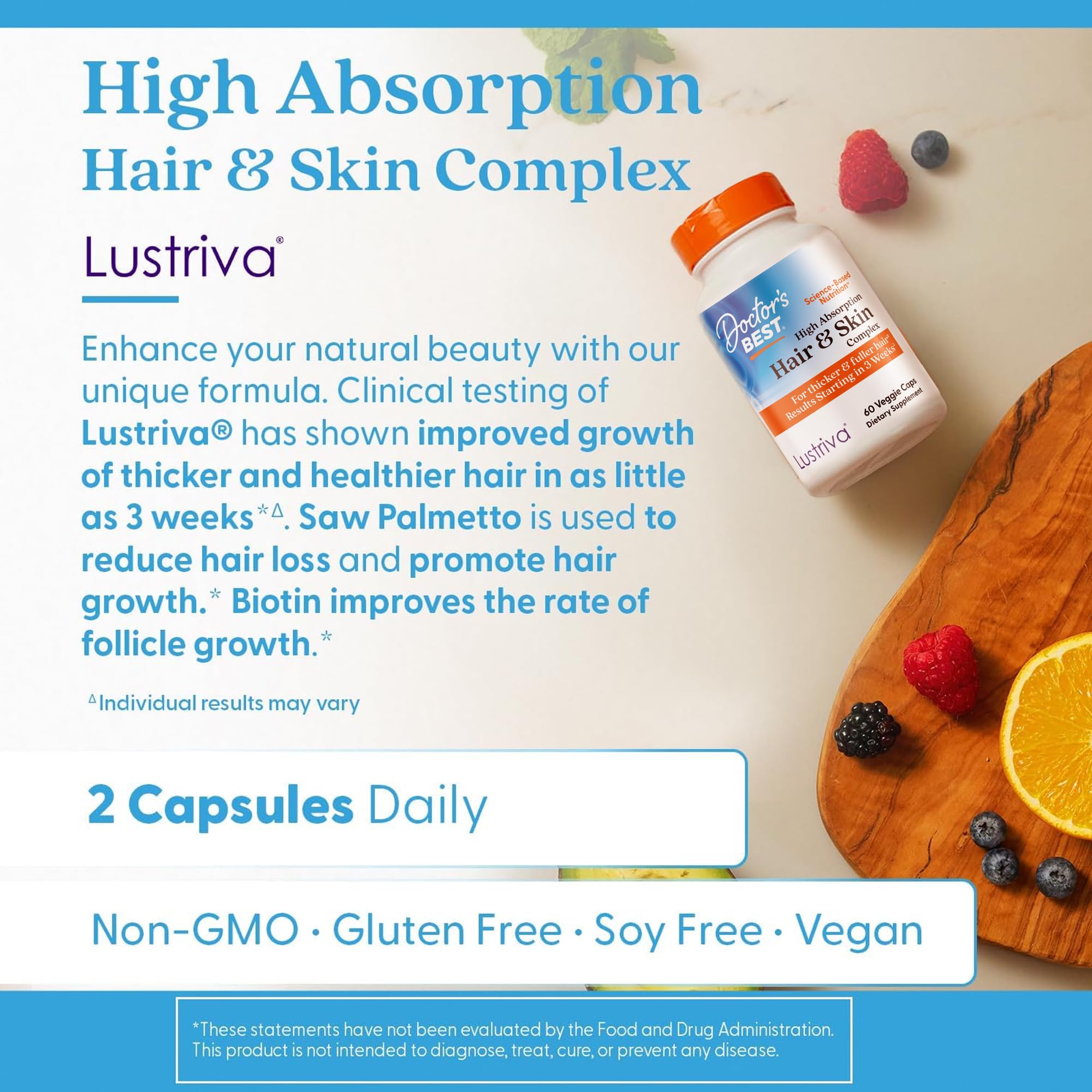 Doctor's BEST Hair & Skin Complex capsules on a wooden table