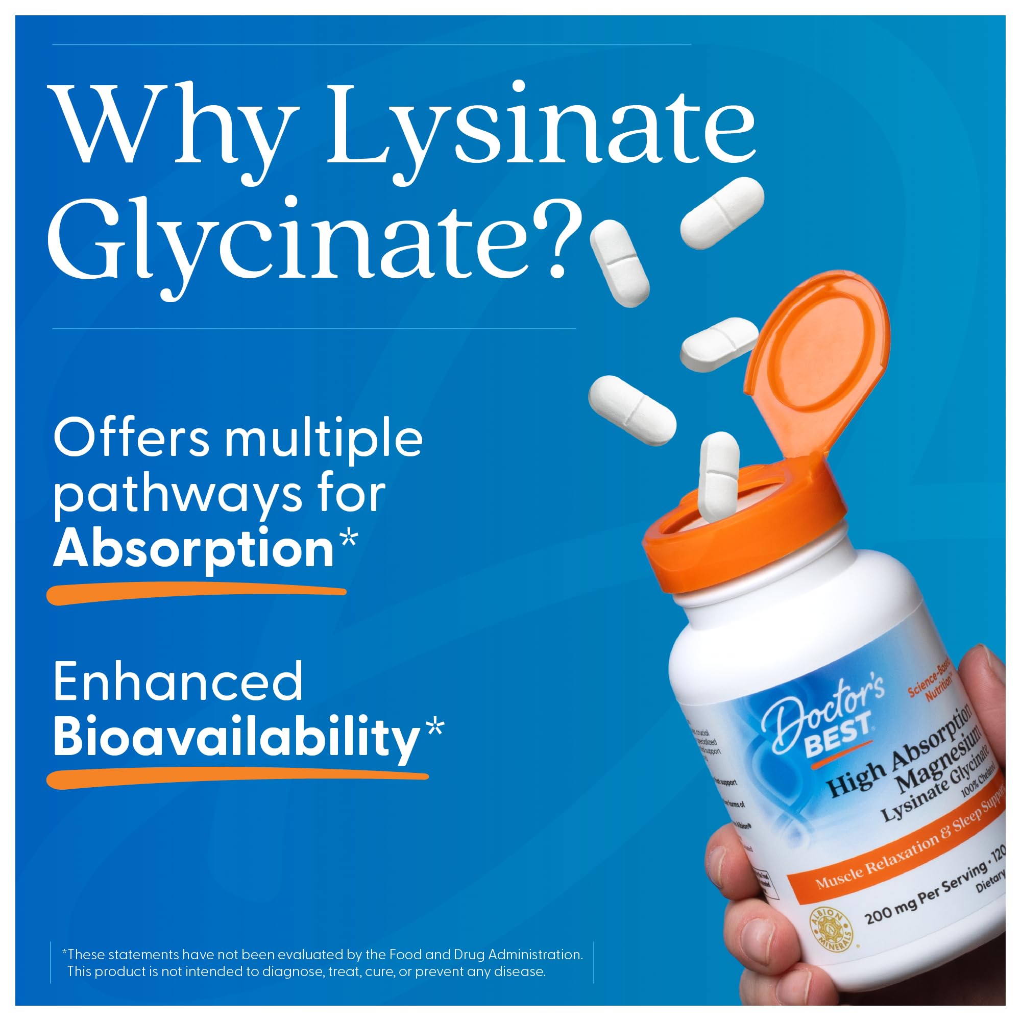 Doctor's BEST Magnesium Glycinate Lysinate Supplement 200mg side view