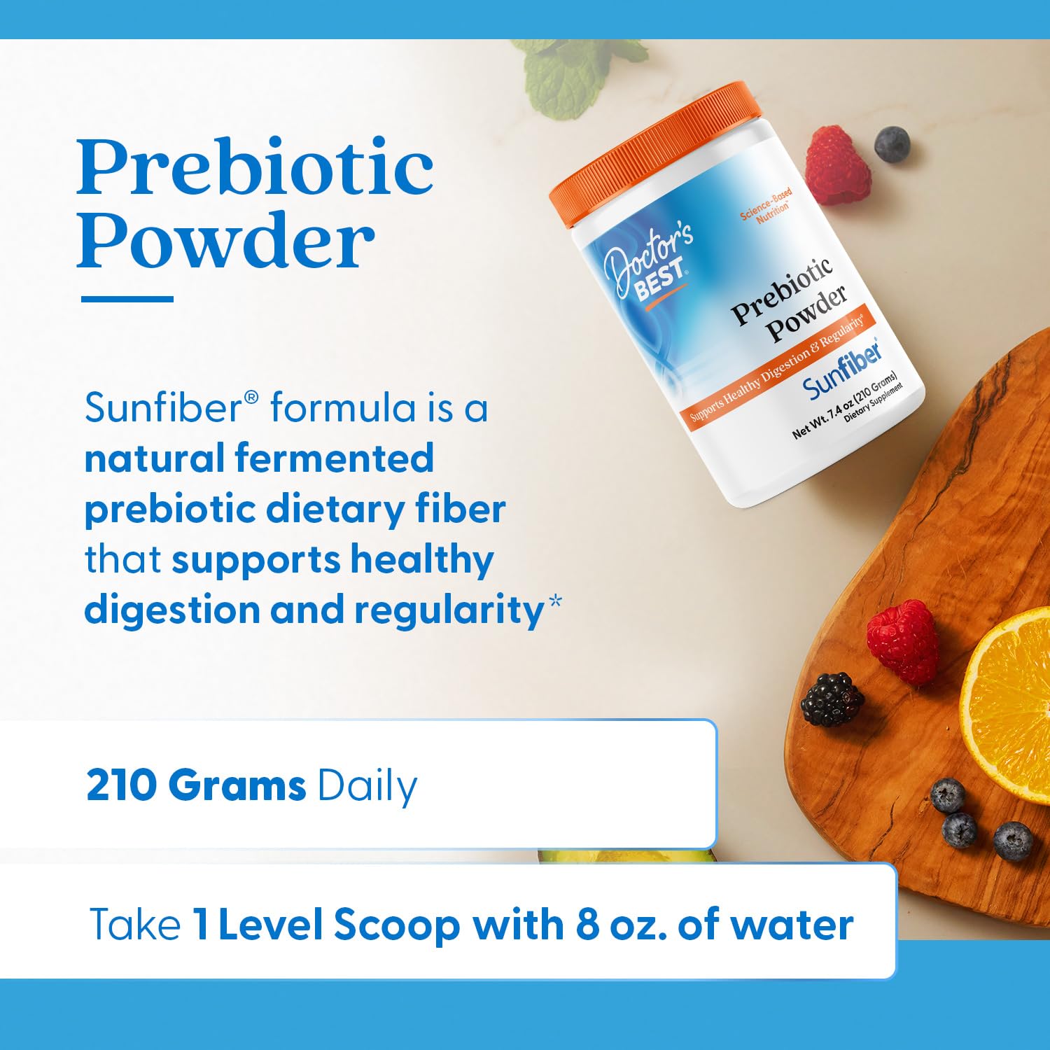 Doctor's BEST Prebiotic Powder 7g scoop next to a glass of water