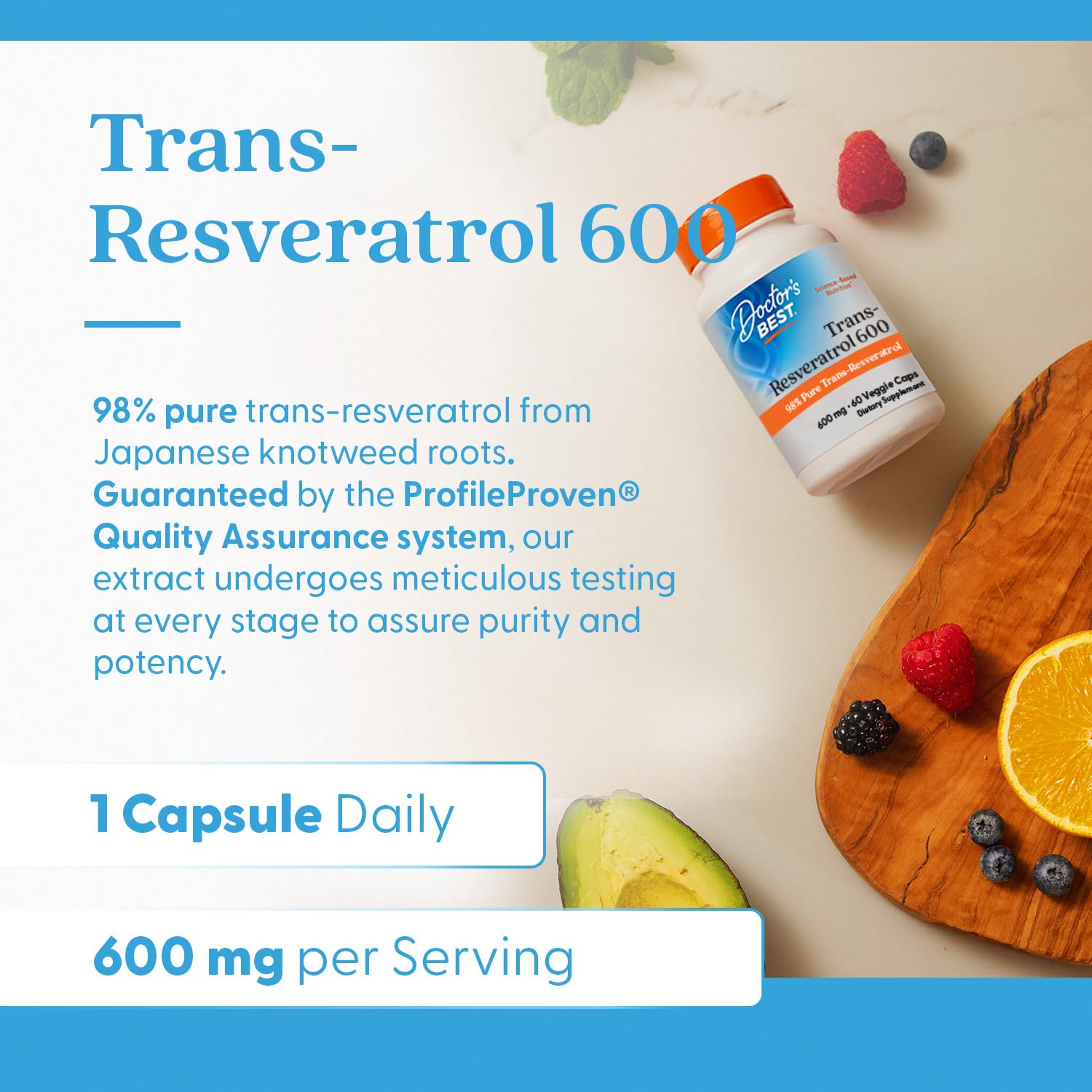 Doctor's BEST Trans-Resveratrol 600mg capsules side view with label