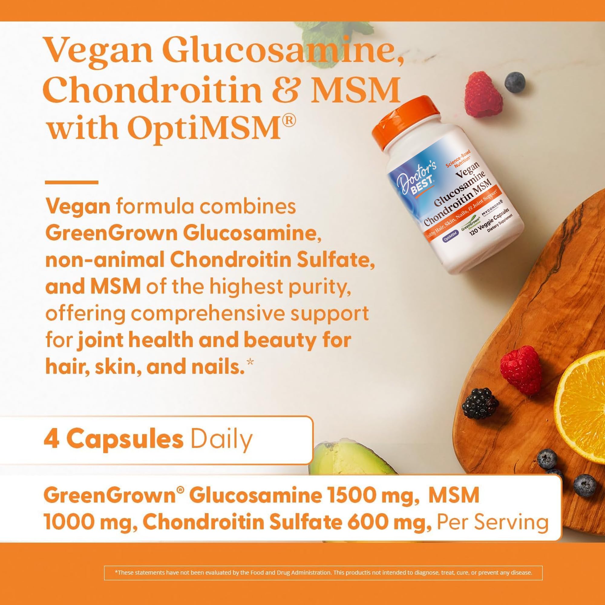 Doctor's BEST Vegan Chondroitin & Glucosamine 1500mg capsules on a wooden table