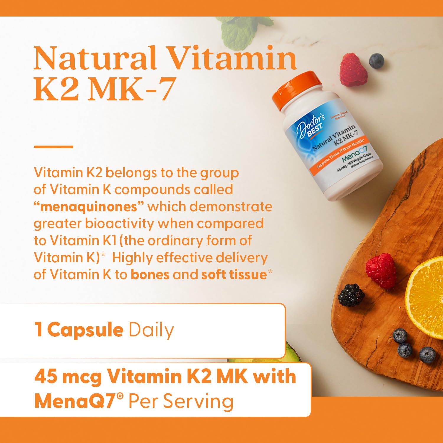 Doctor's BEST Vitamin K2 MK-7 45mcg Capsules open bottle with capsules