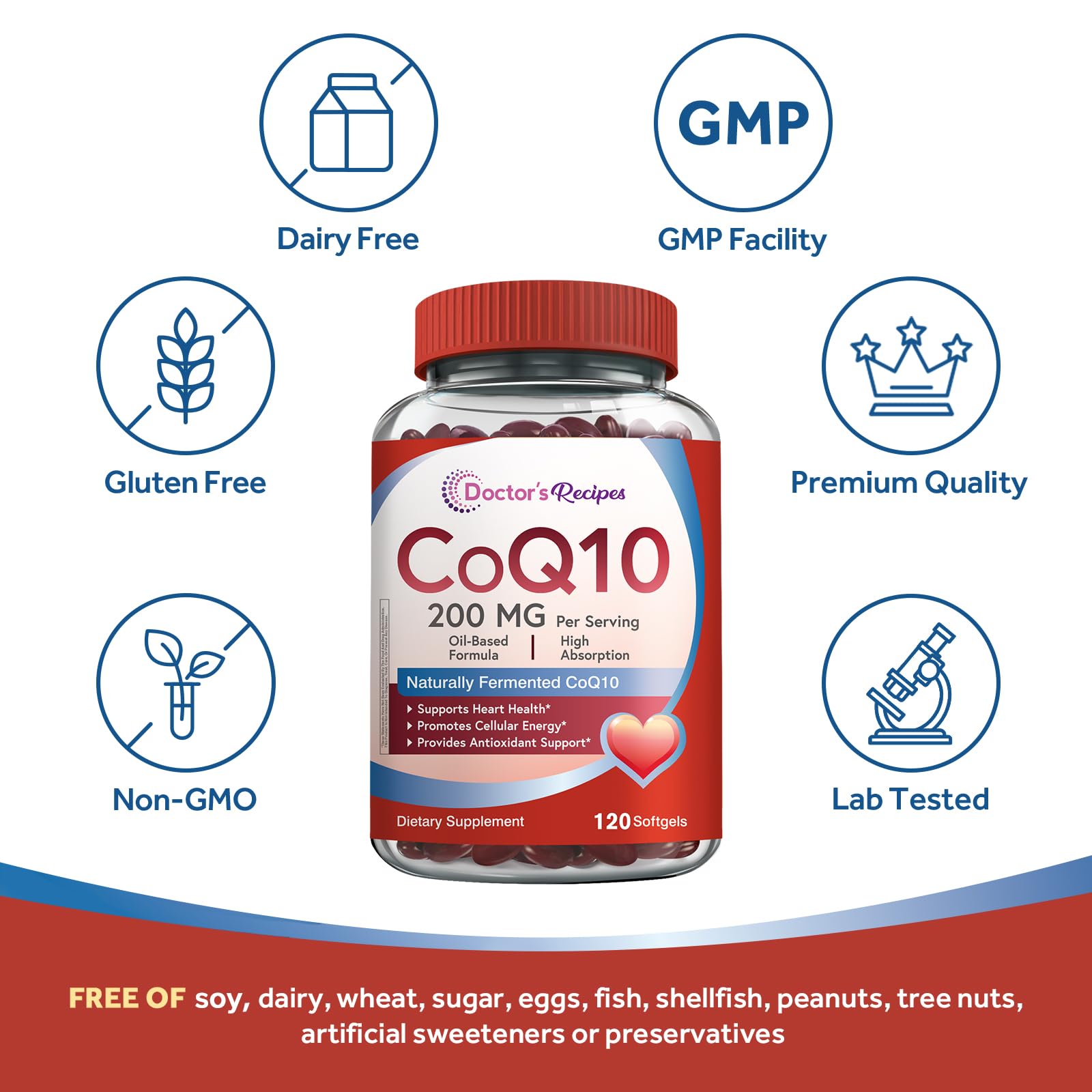 Doctor's Recipes CoQ10 softgels on a wooden table