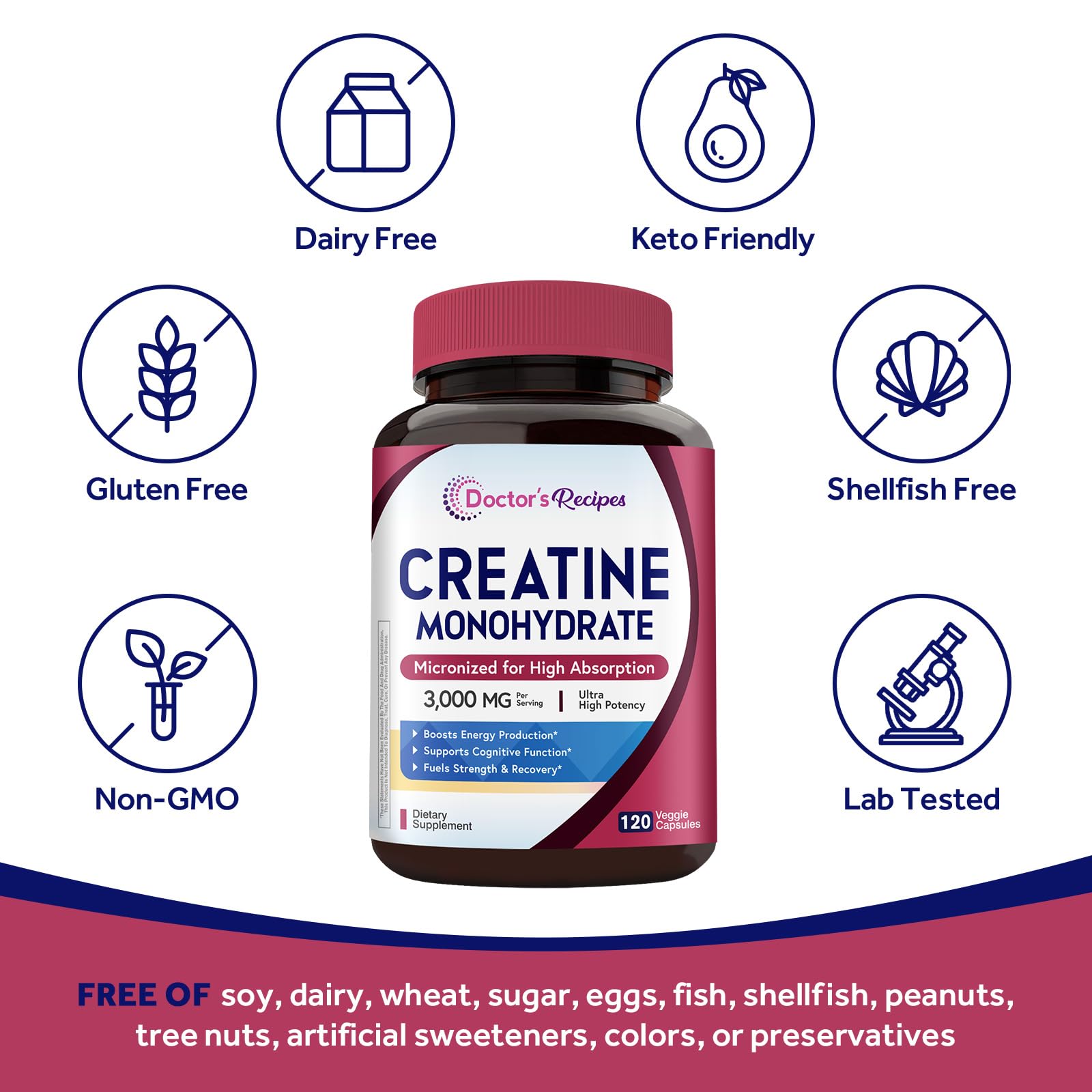 Doctor's Recipes Creatine Monohydrate Capsules with measuring scoop