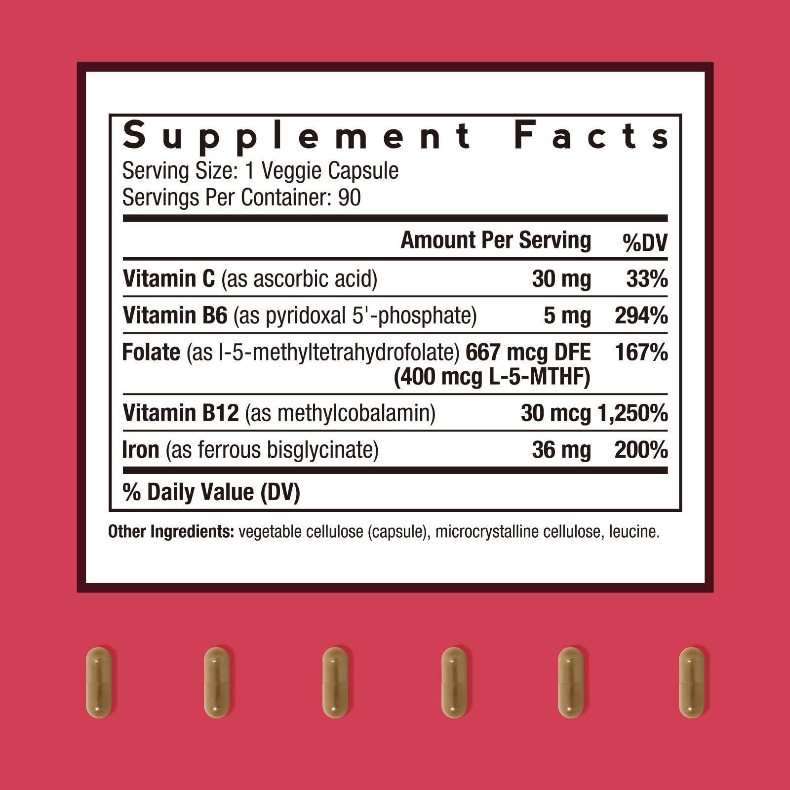 Doctor's Recipes Iron Plus Supplement 36mg Iron Capsules side view