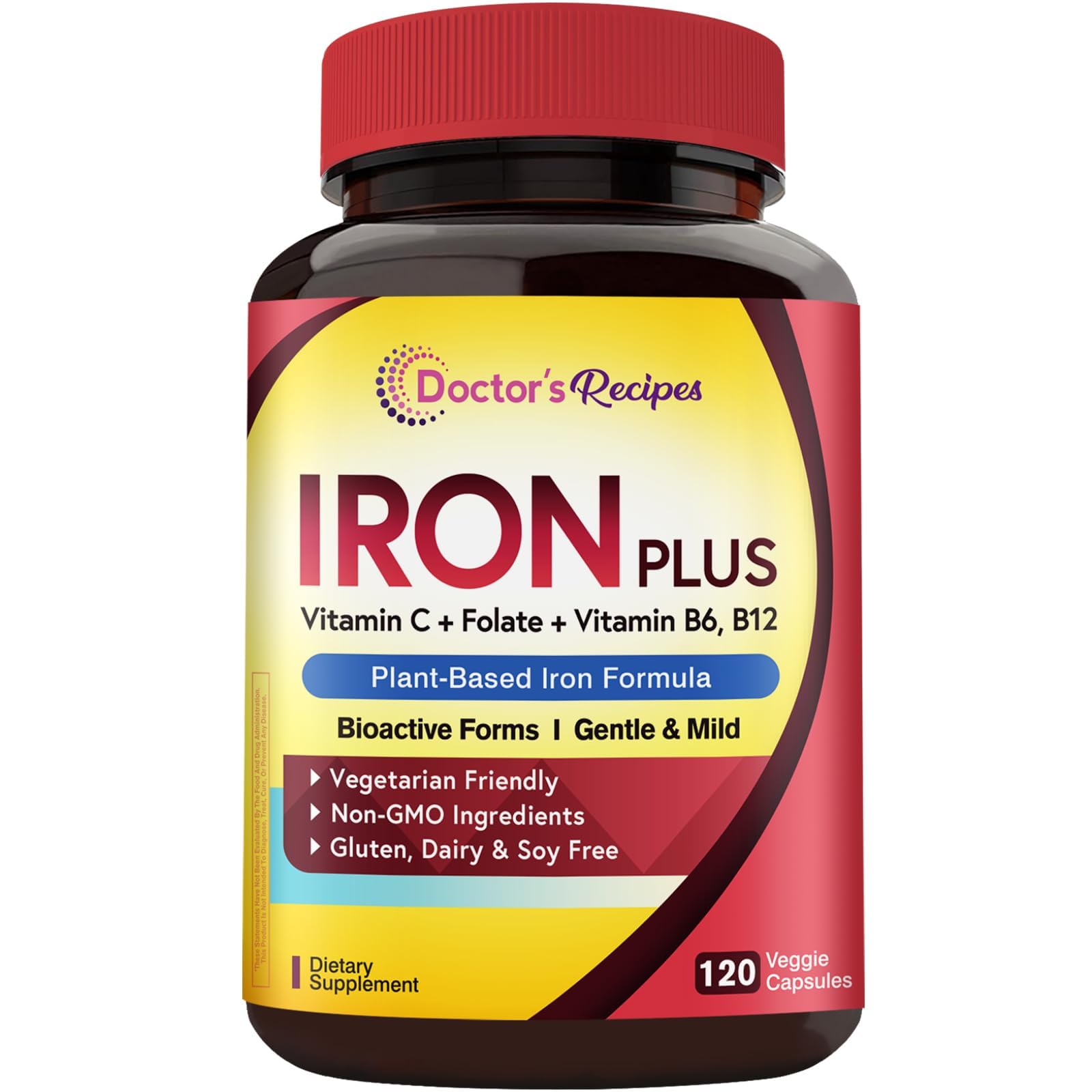 Doctor's Recipes Iron Plus Supplement front view with capsule bottle