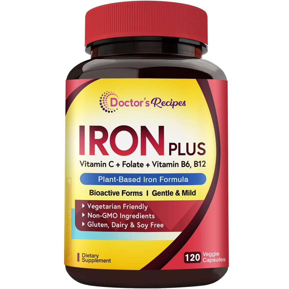 Doctor's Recipes Iron Plus Supplement front view with capsule bottle
