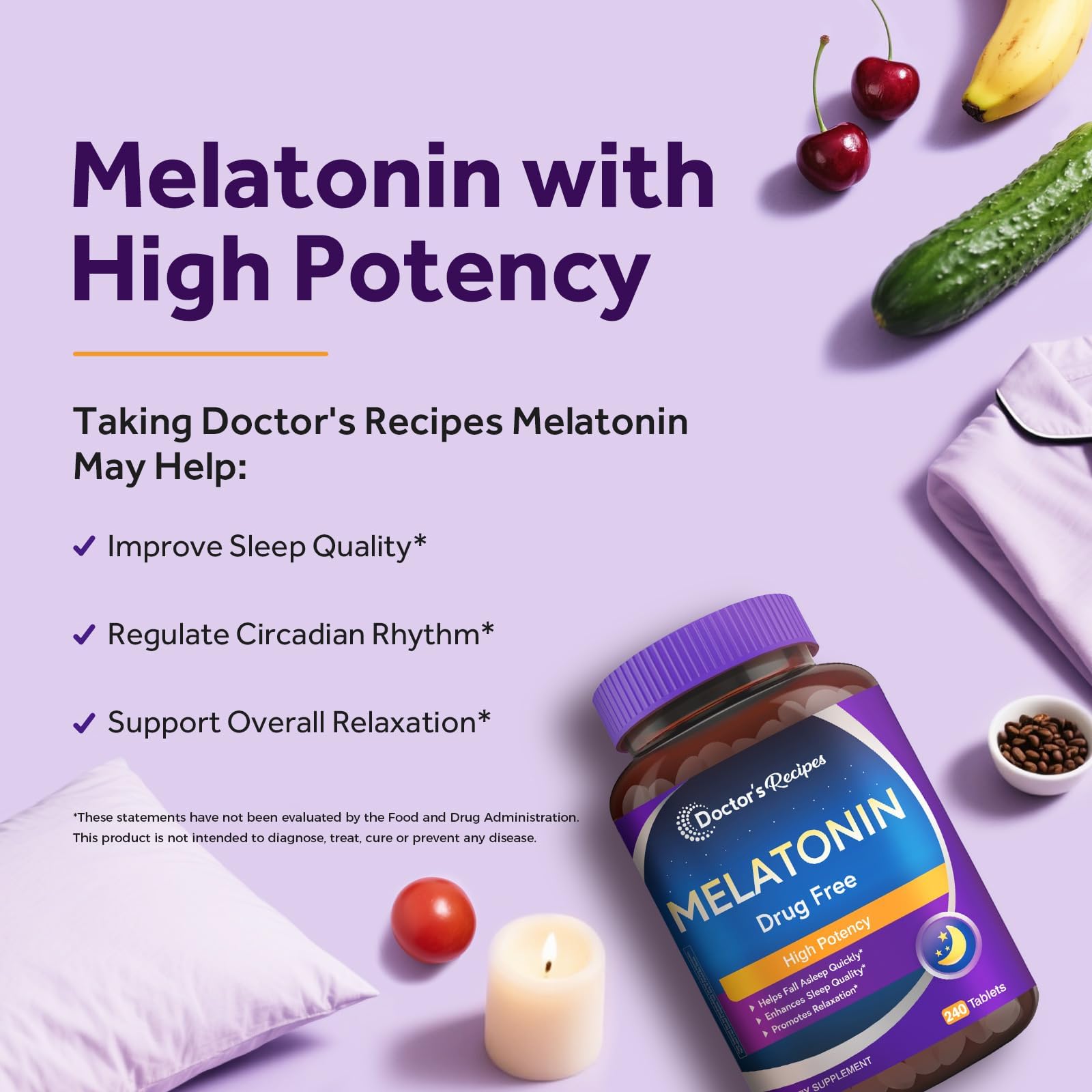 Doctor's Recipes Melatonin 10 mg tablets lifestyle scene with nightstand