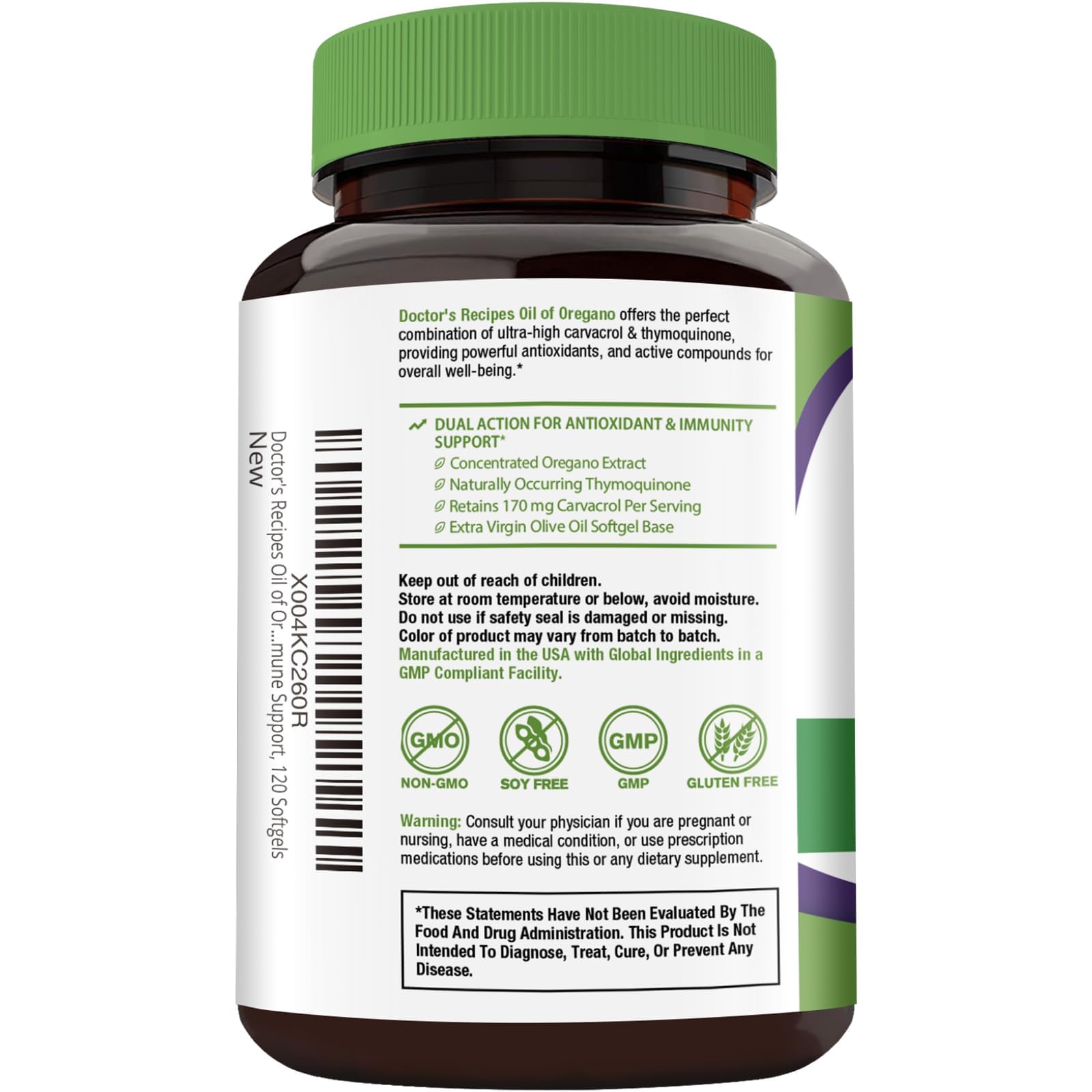 Doctor's Recipes Oregano Oil Supplement showing side view of bottle