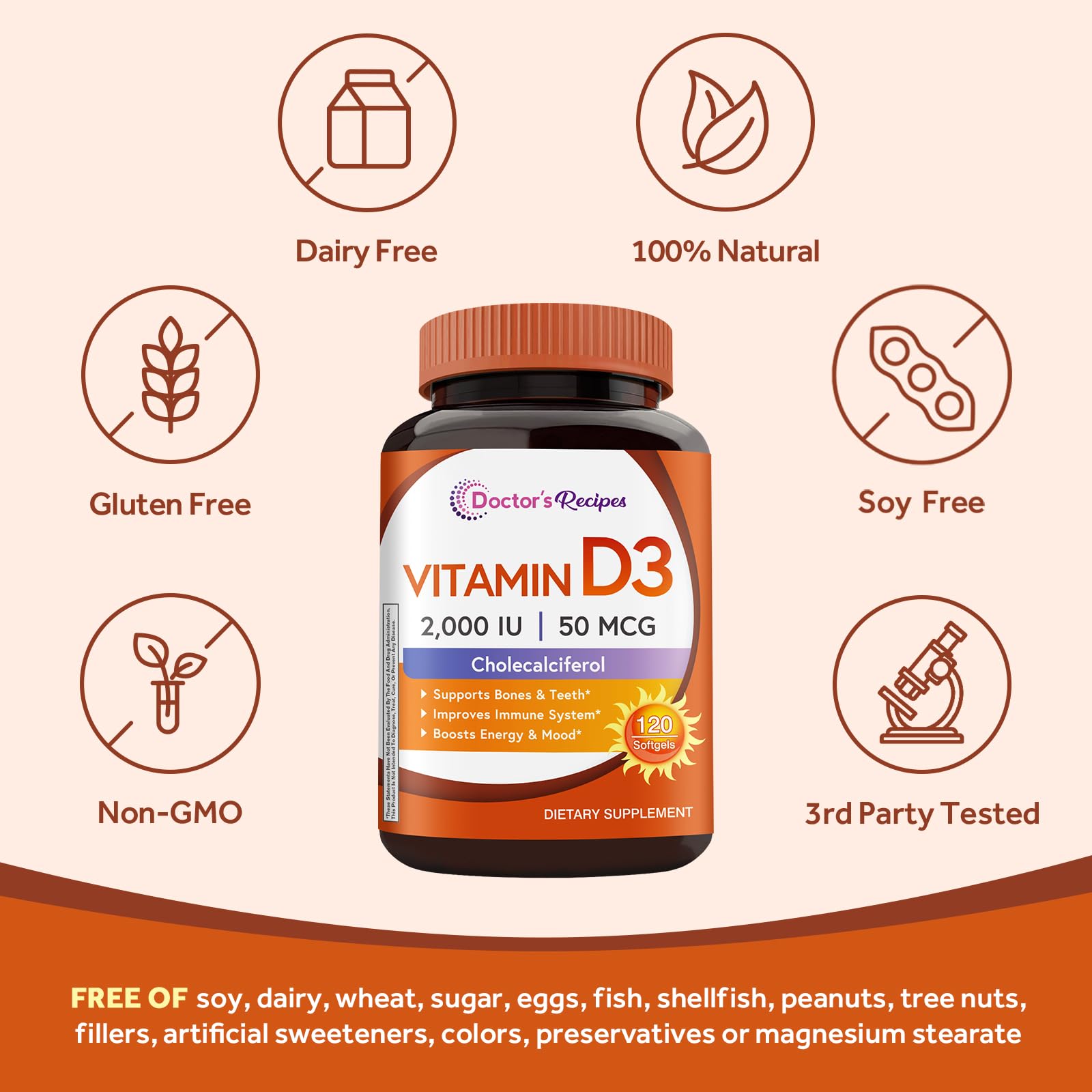 Doctor's Recipes Vitamin D3 softgels on a wooden table