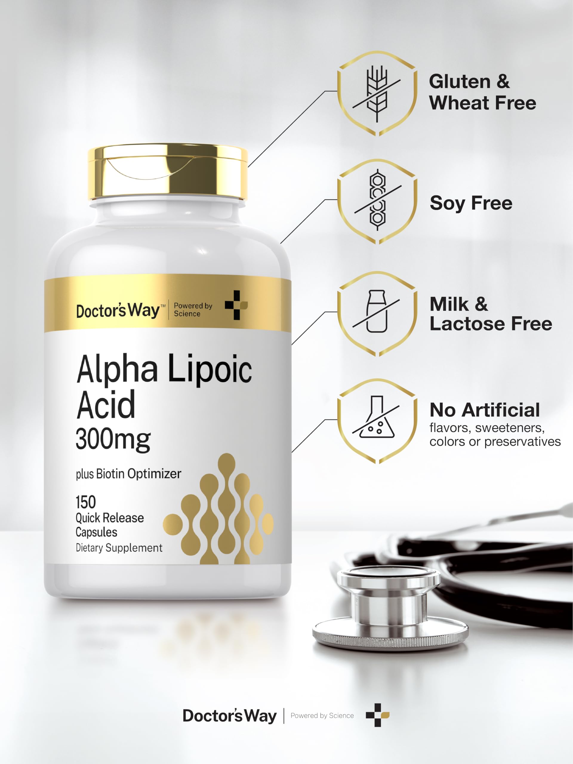 Doctor's Way Alpha Lipoic Acid capsules on a wooden table
