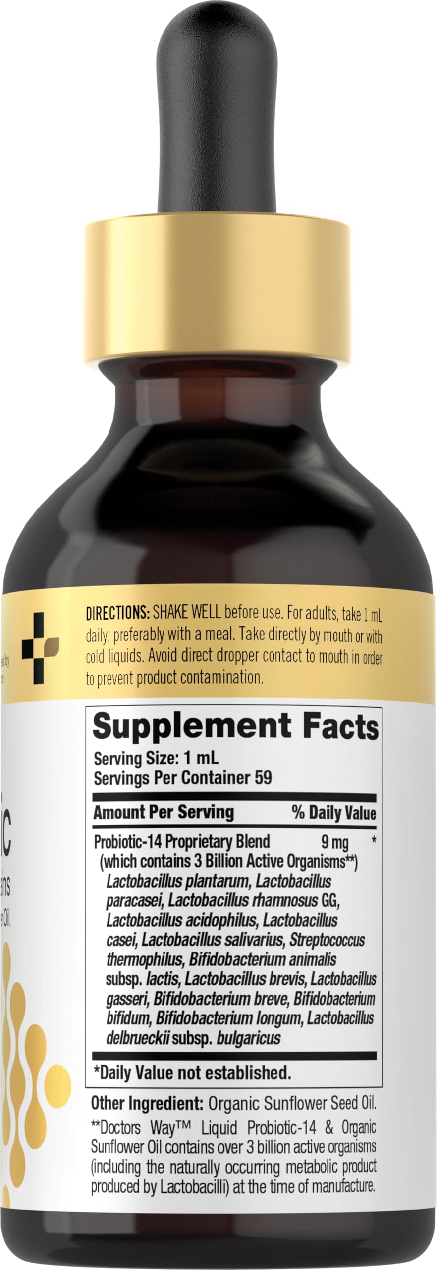 Doctor's Way Liquid Probiotic side view showing label details
