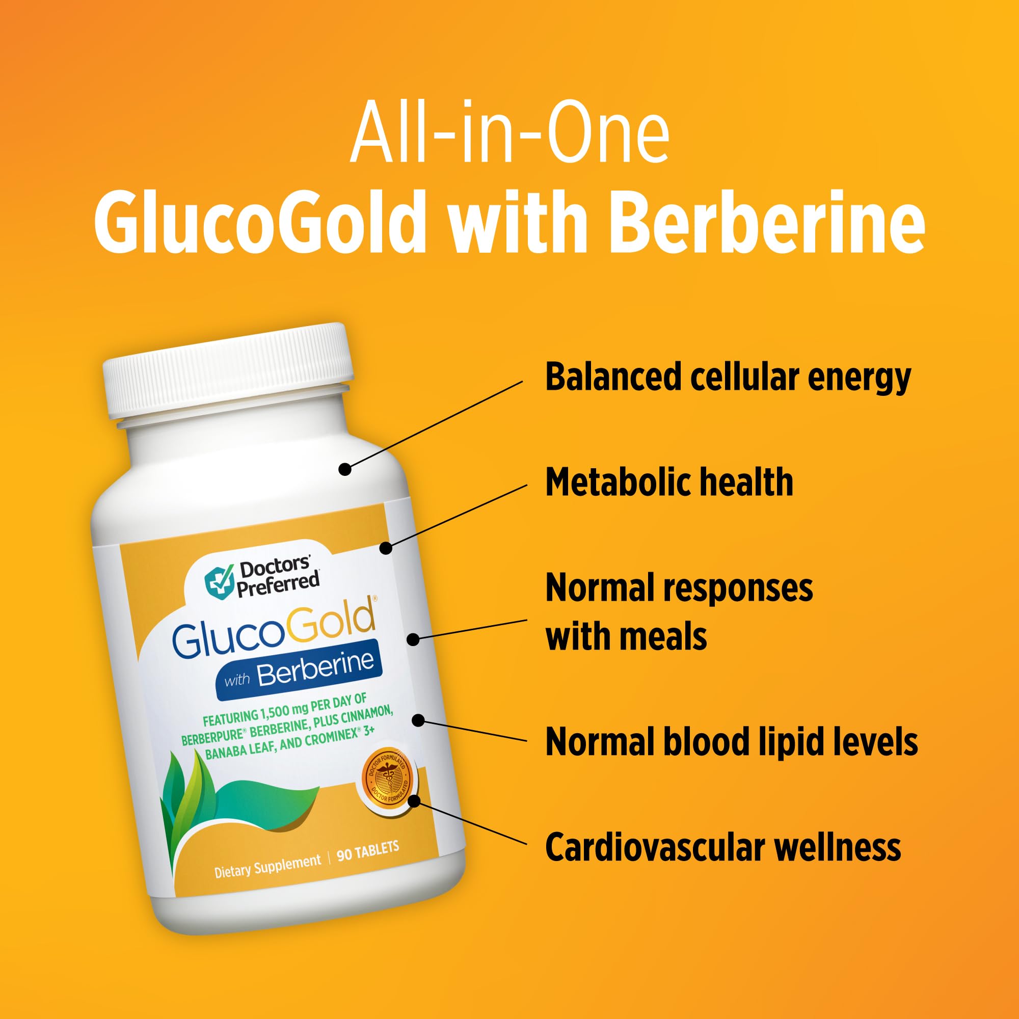 DOCTORS' PREFERRED GlucoGold with Berberine 1500mg side view