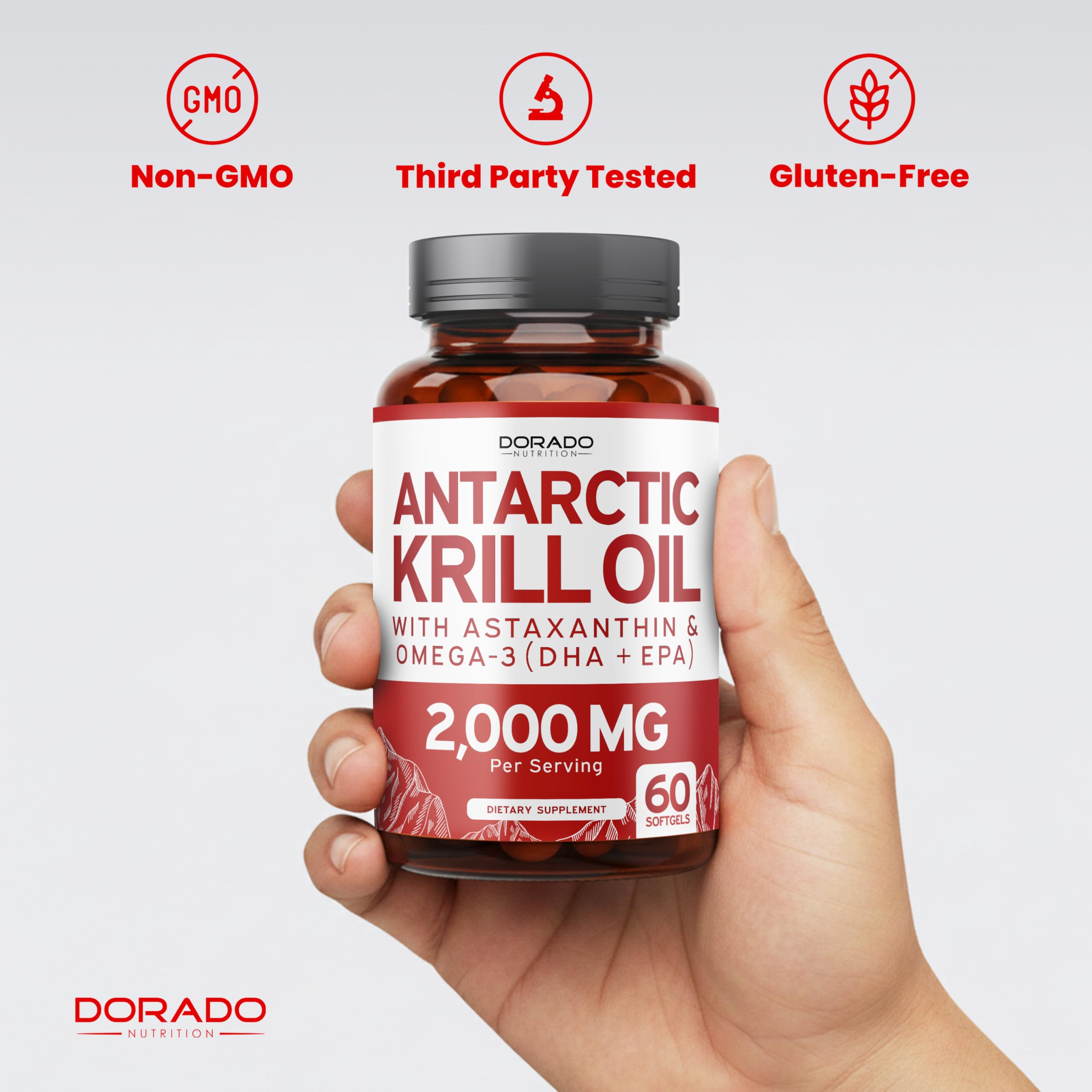 DORADO NUTRITION Antarctic Krill Oil Omega-3 supplement softgels on a wooden table